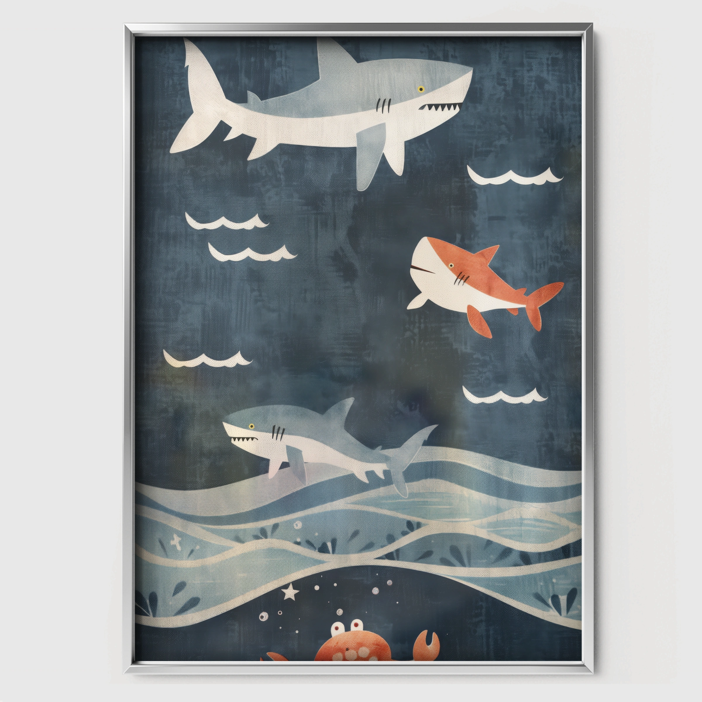 Sharks in the Ocean Nursery Print - white framed nursery wall art print