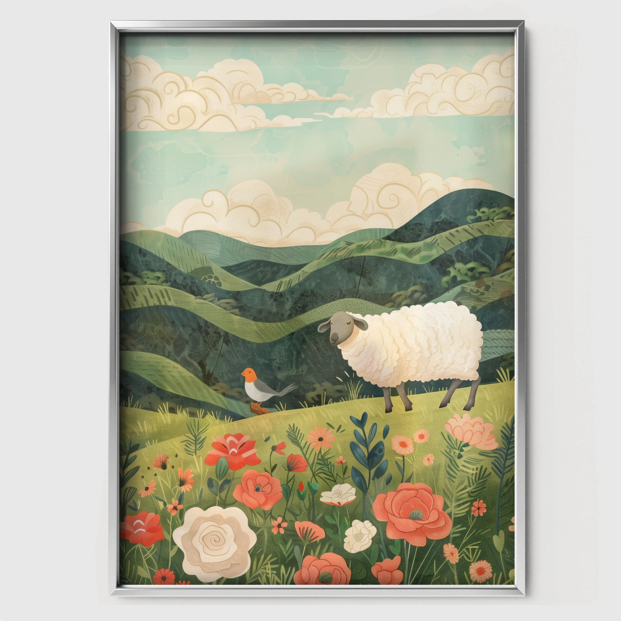Sheep in the Meadow Nursery Print - white framed nursery wall art print