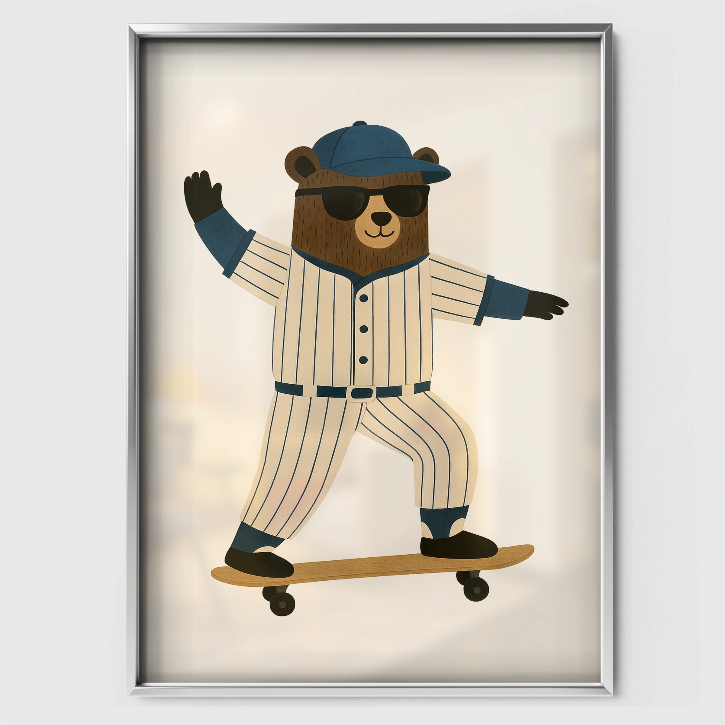 Skateboard Baseball Bear Nursery Print - white framed nursery wall art print