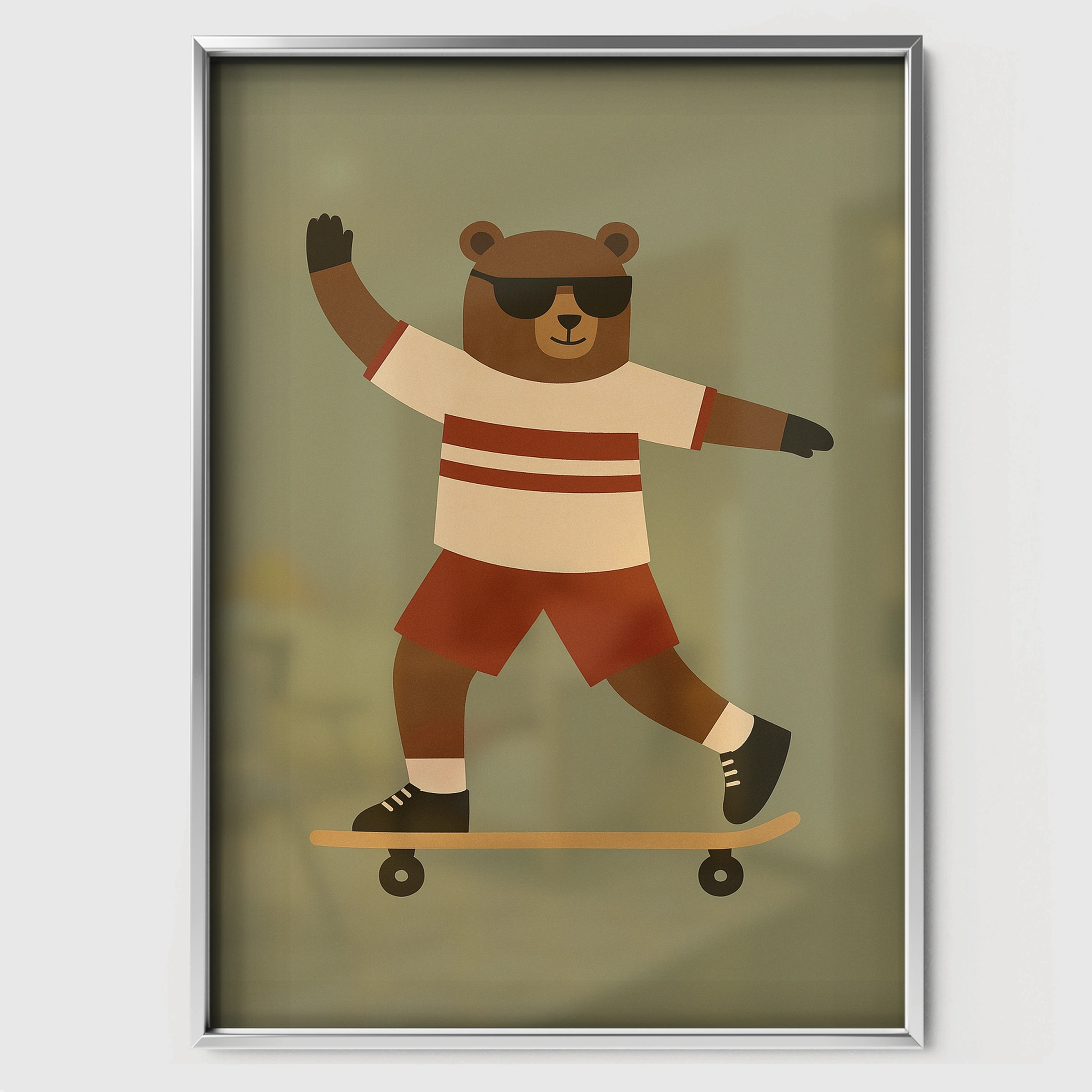 Skateboard Bear Nursery Print - white framed nursery wall art print