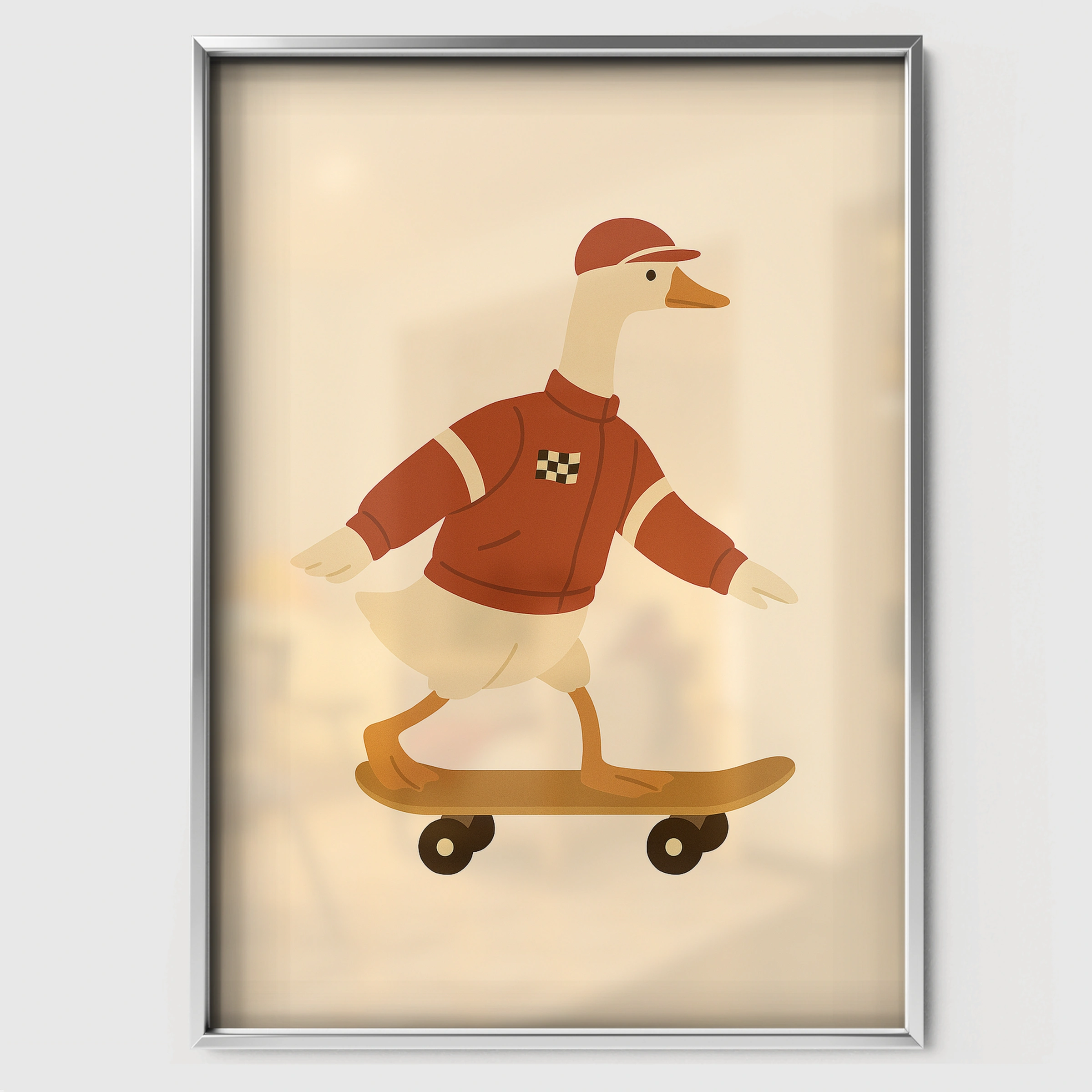 Skateboarding Goose Nursery Print - white framed nursery wall art print