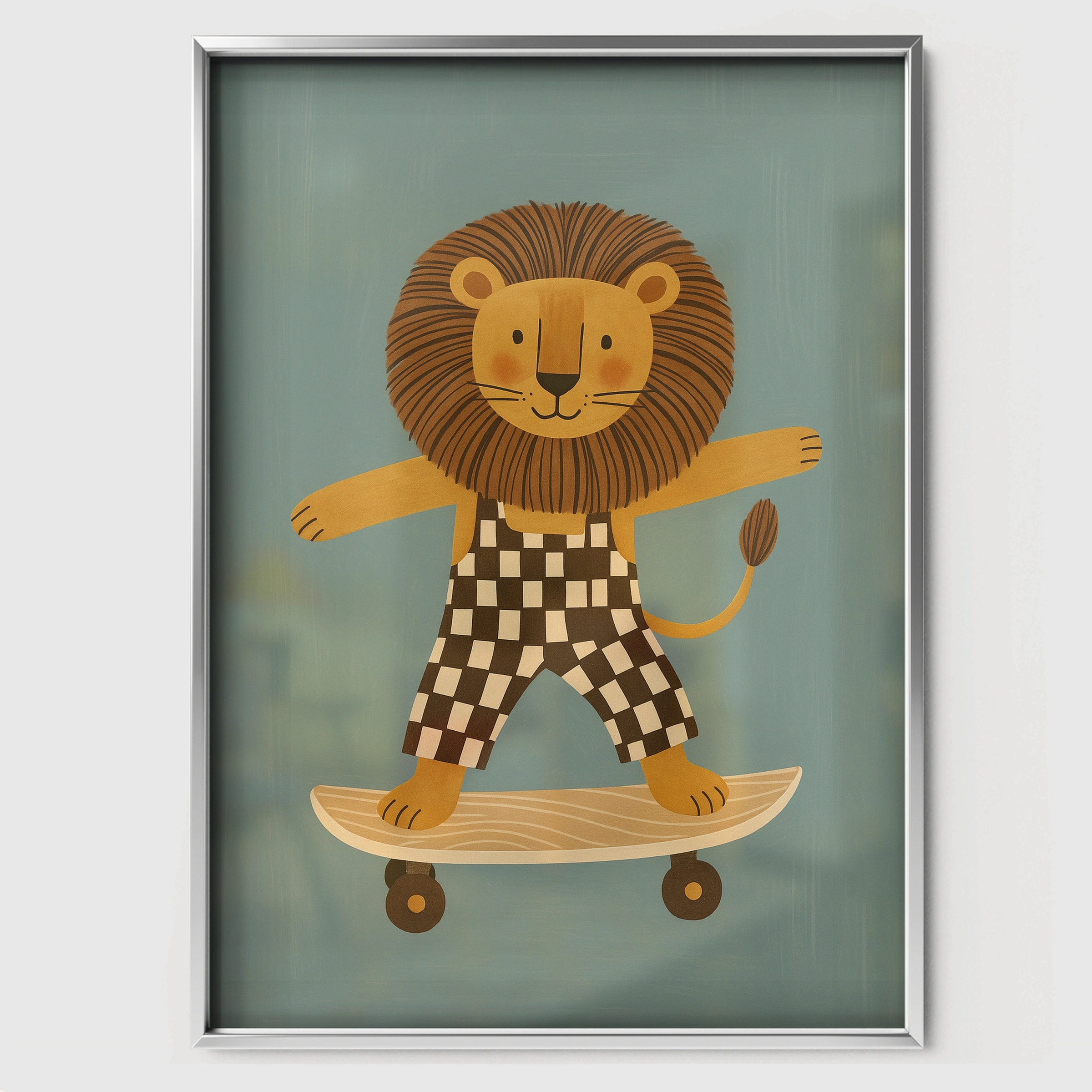 Skateboarding Lion Nursery Print - white framed nursery wall art print