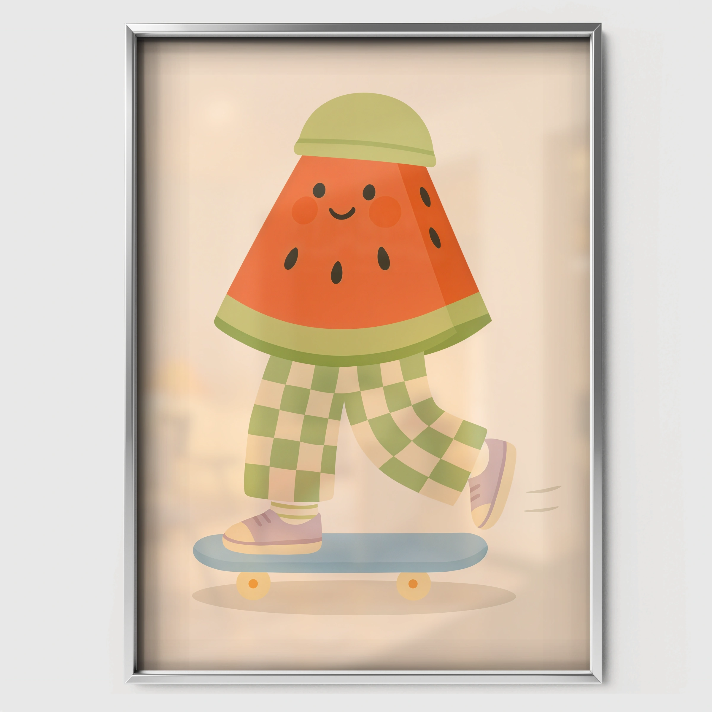 Skateboarding Watermelon Nursery Print - white framed nursery wall art print
