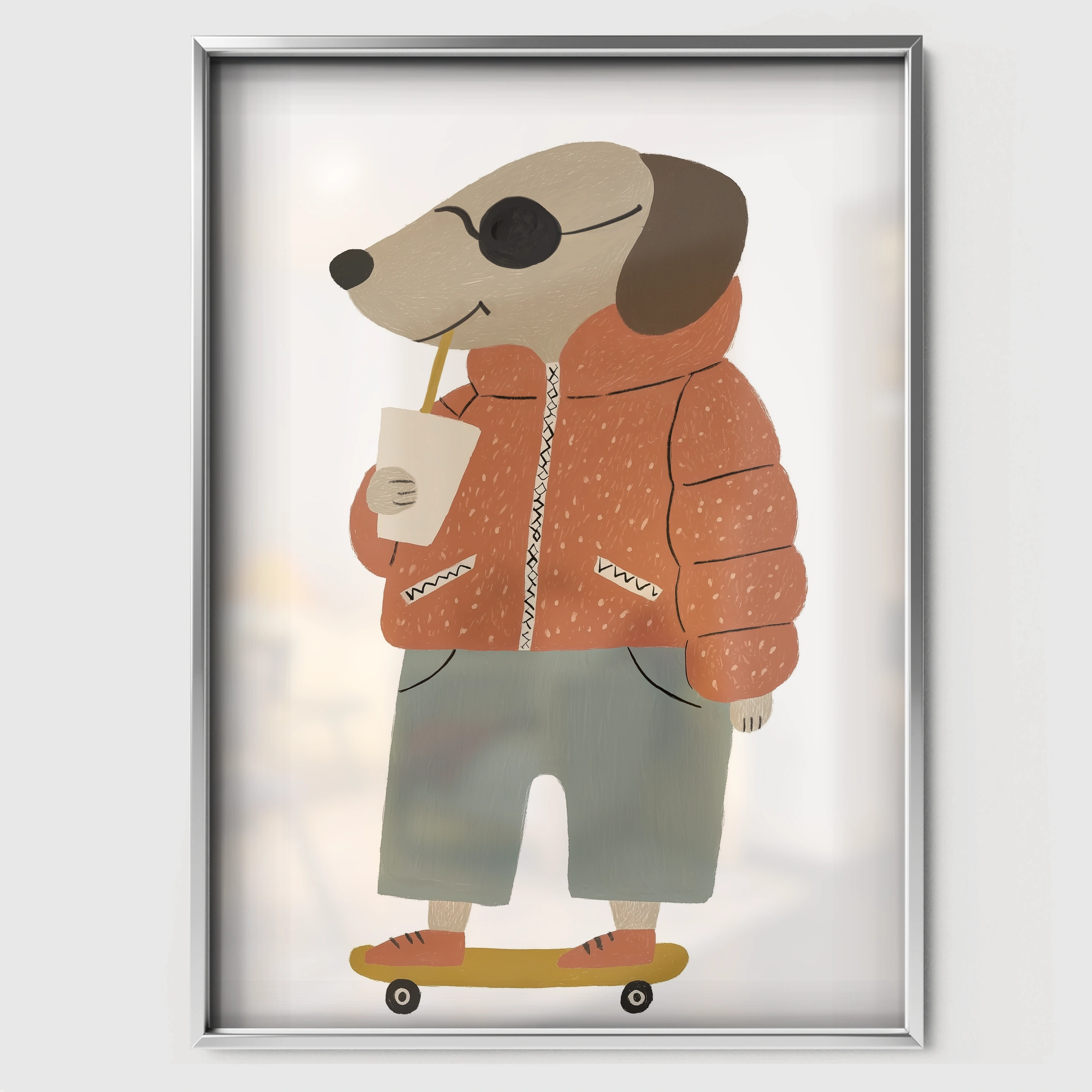 Skater Dog Nursery Print - white framed nursery wall art print
