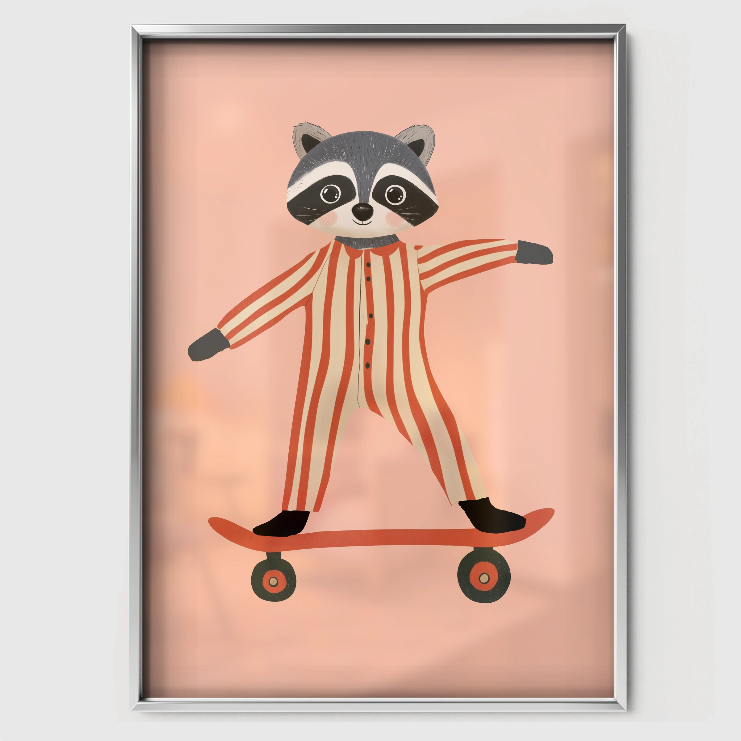 Skater Raccoon Nursery Print - white framed nursery wall art print