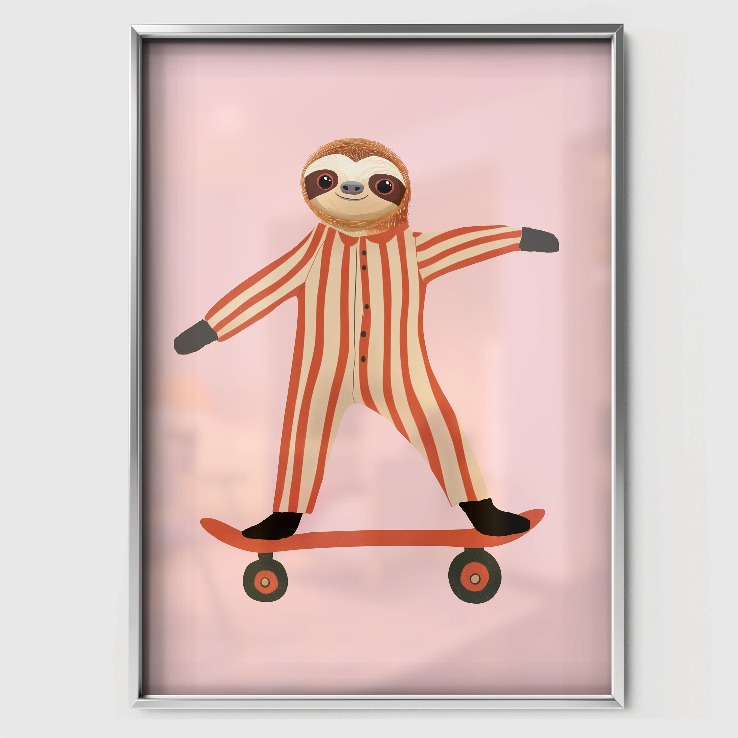 Skater Sloth Nursery Print - white framed nursery wall art print