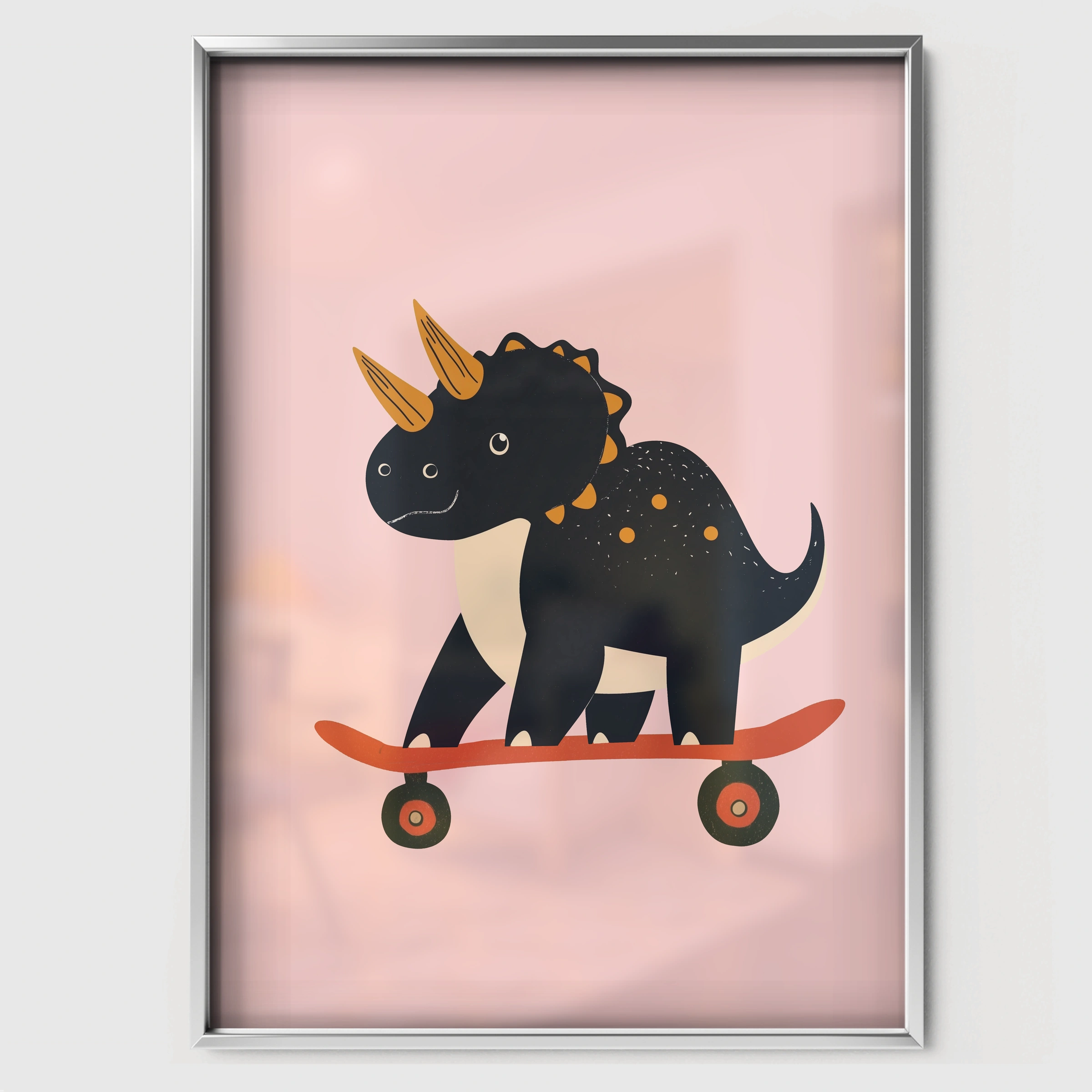 Skater Triceratops Nursery Print - white framed nursery wall art print