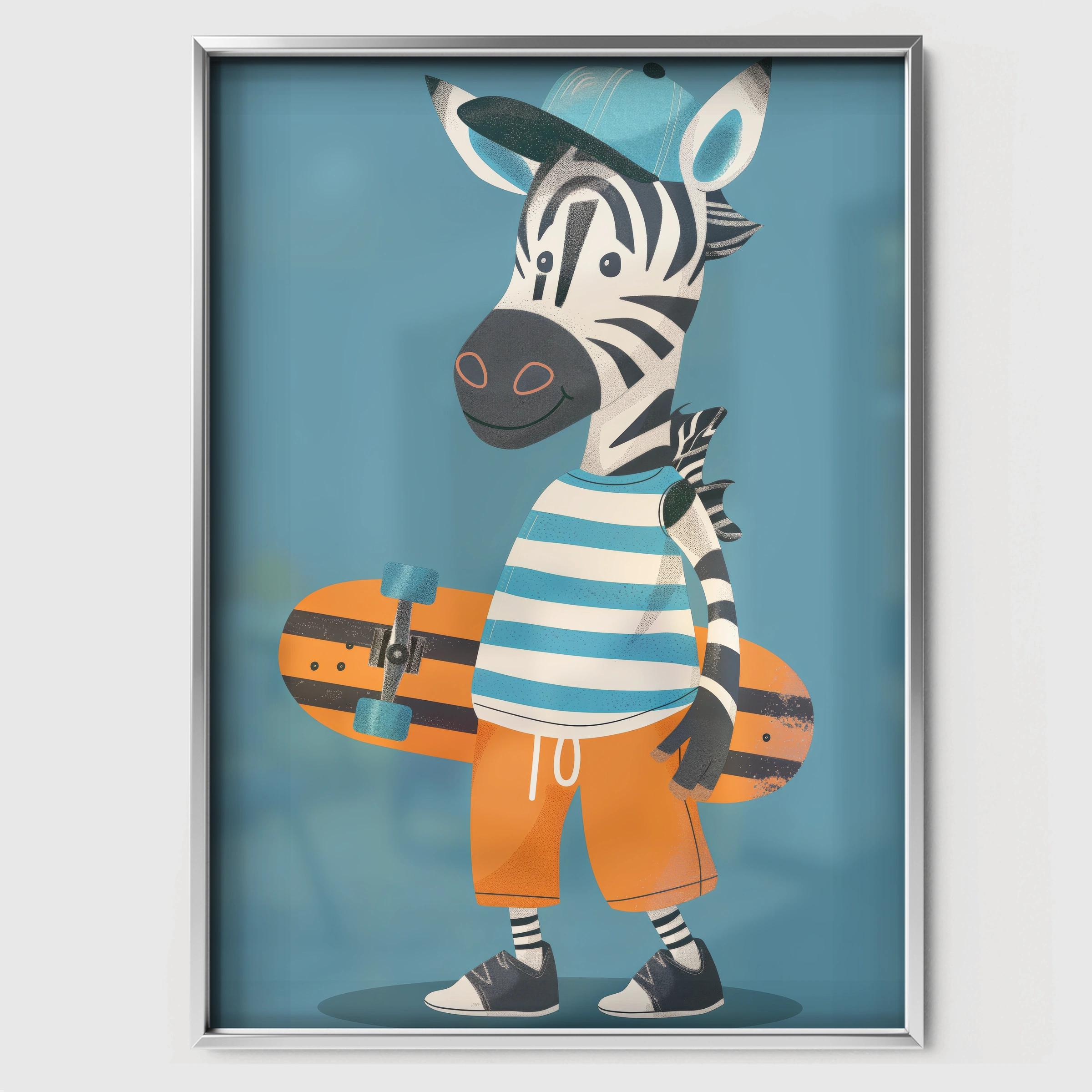 Skater Zebra Nursery Print - white framed nursery wall art print