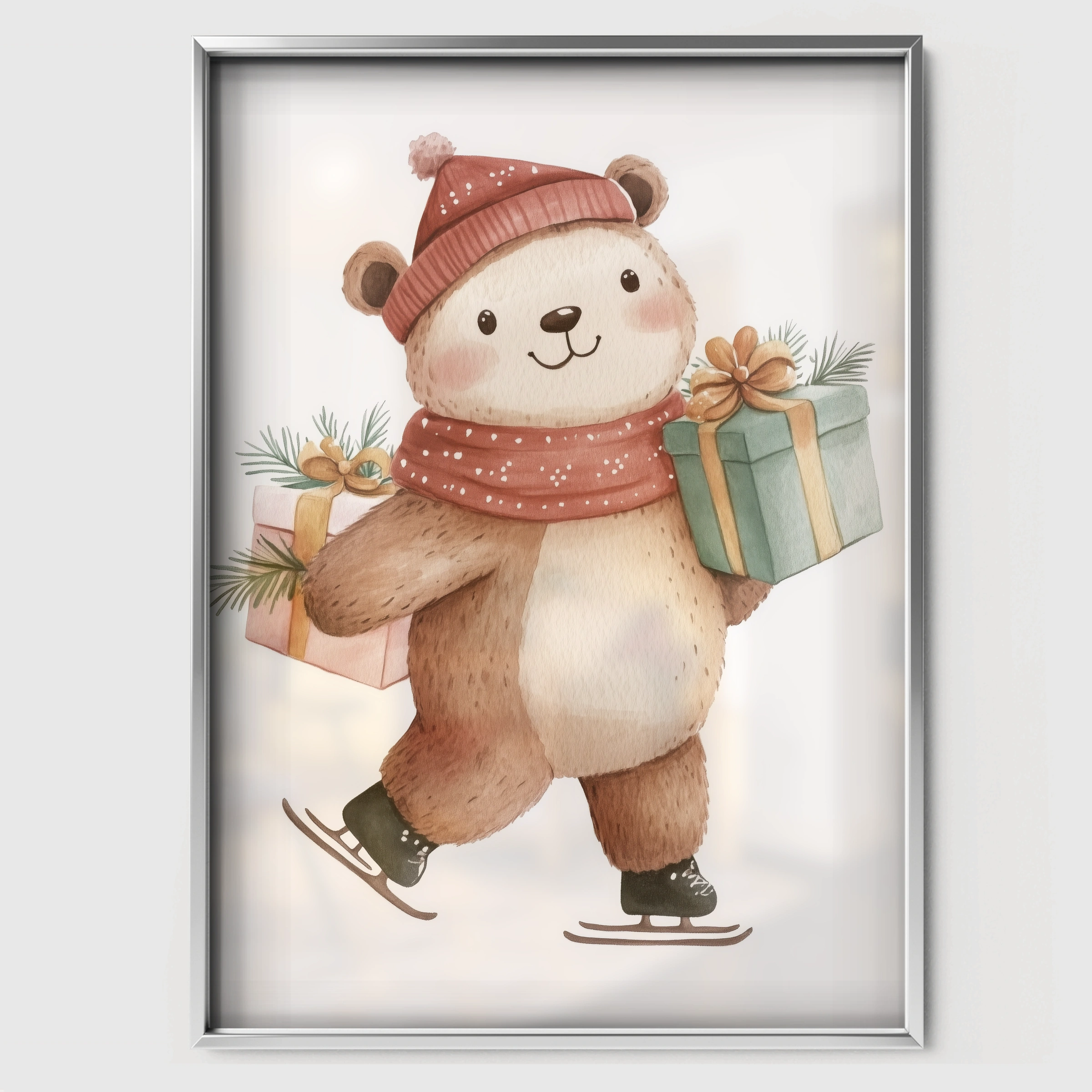 Skating Bear Christmas Print - white framed nursery wall art print
