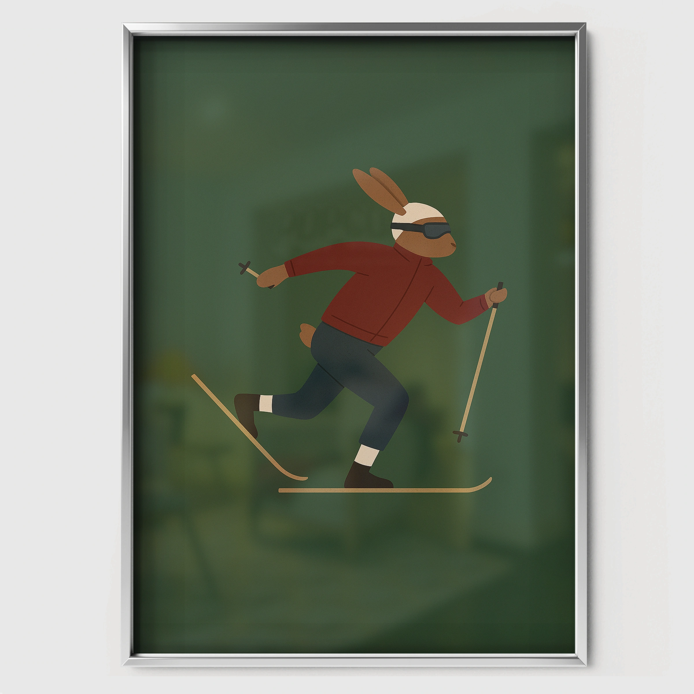 Skiing Rabbit Nursery Print - white framed nursery wall art print