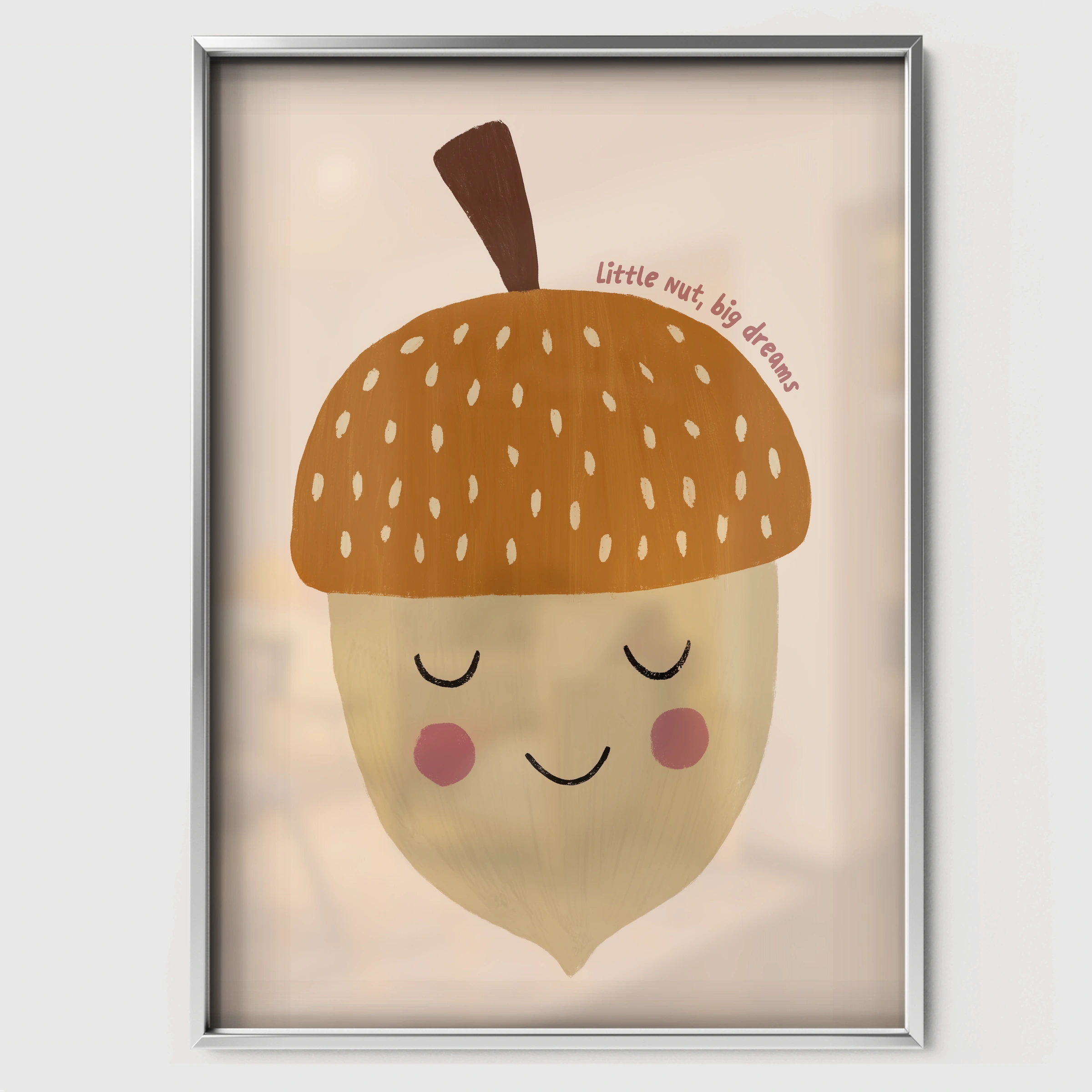 Sleepy Acorn Nursery Print - white framed nursery wall art print