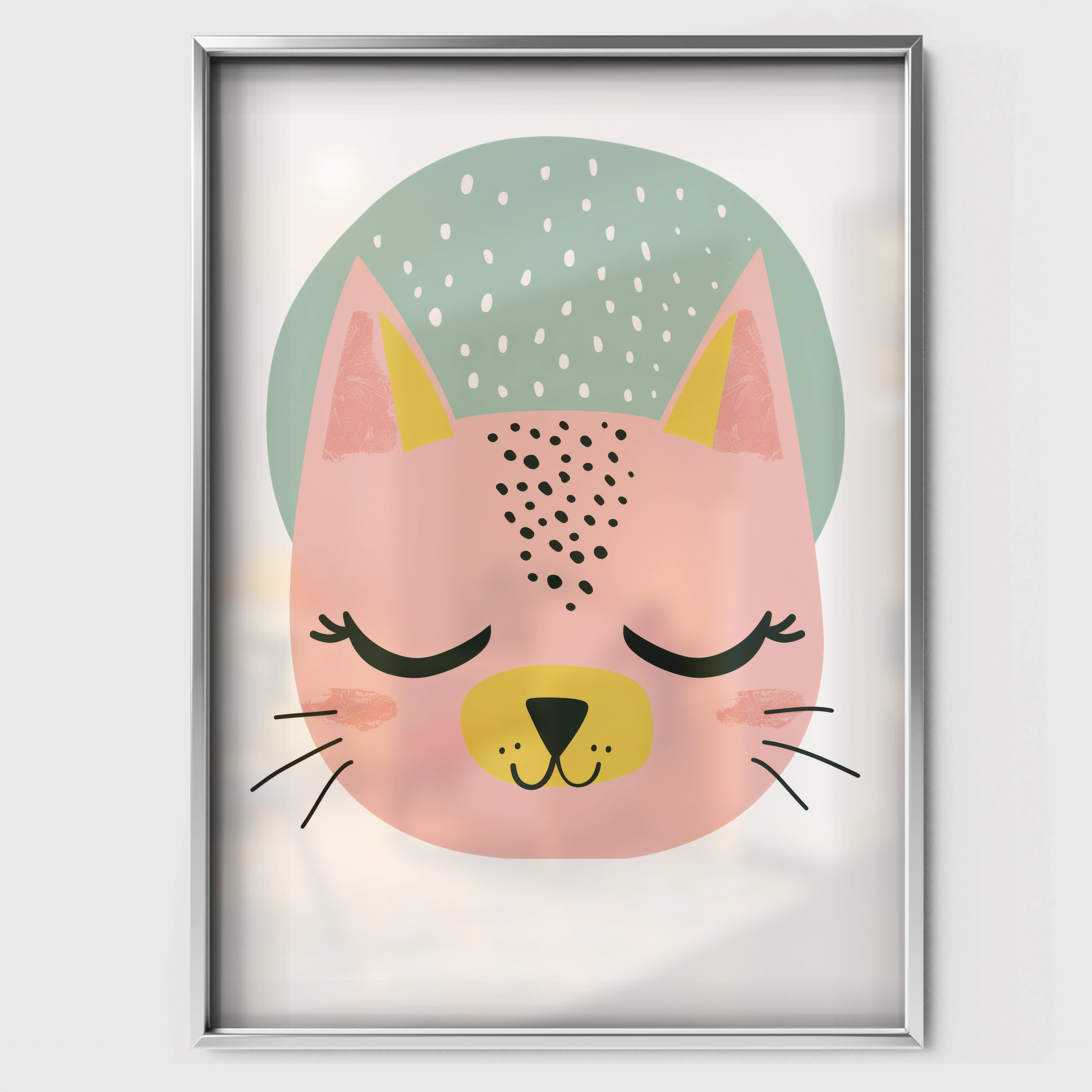Sleepy Cat Face Nursery Print - white framed nursery wall art print