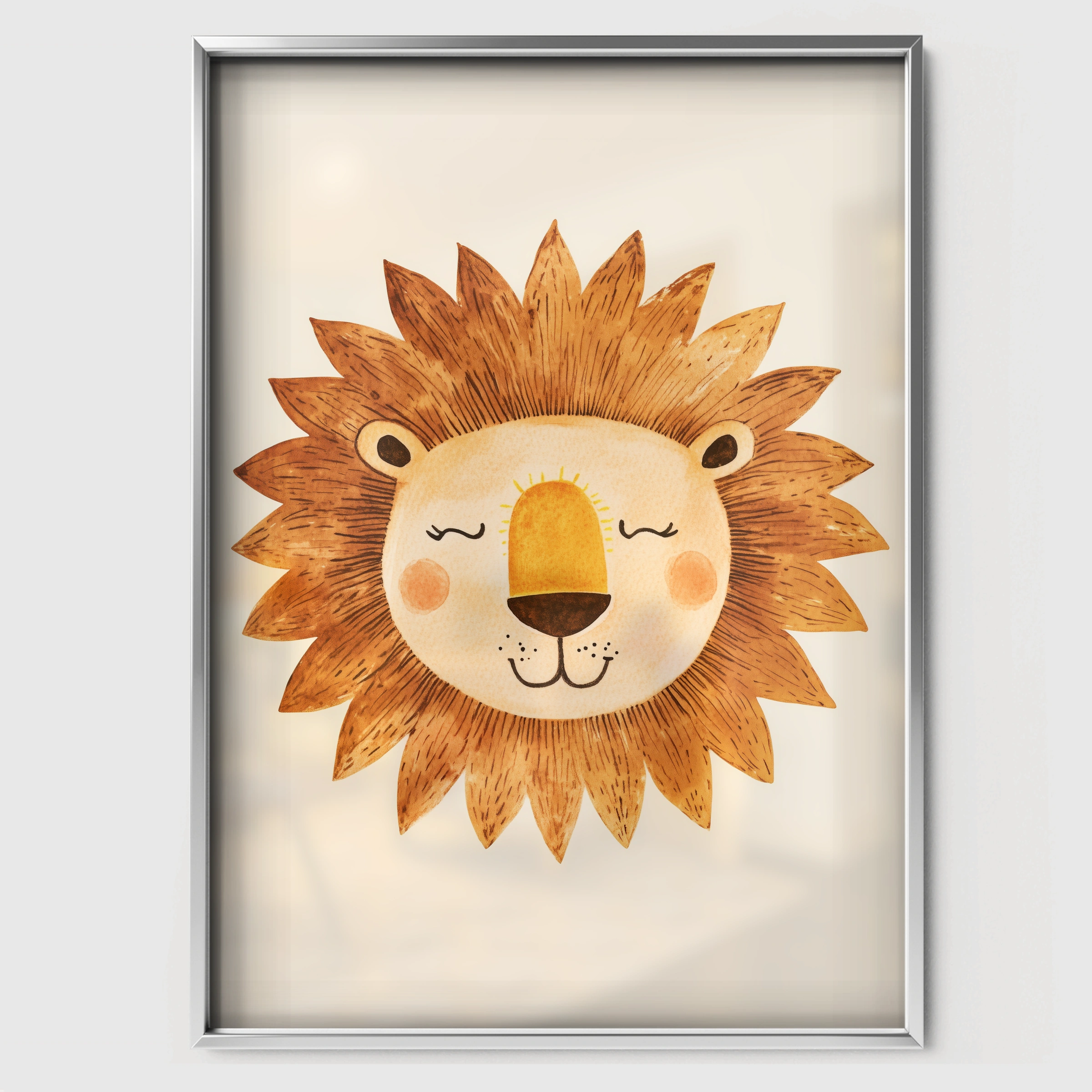 Sleepy Lion Face Nursery Print - white framed nursery wall art print