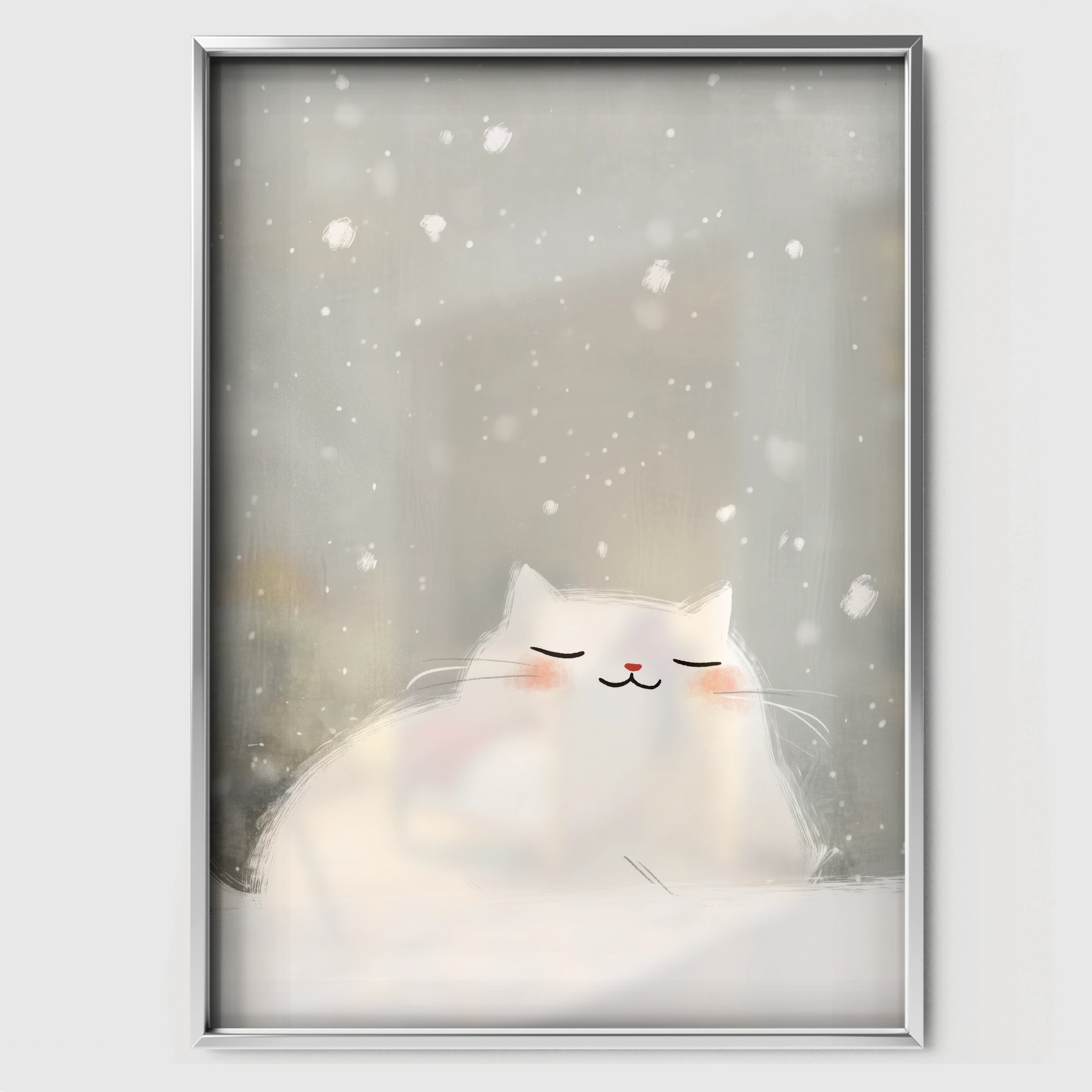 Sleepy White Cat Christmas Print - white framed nursery wall art print