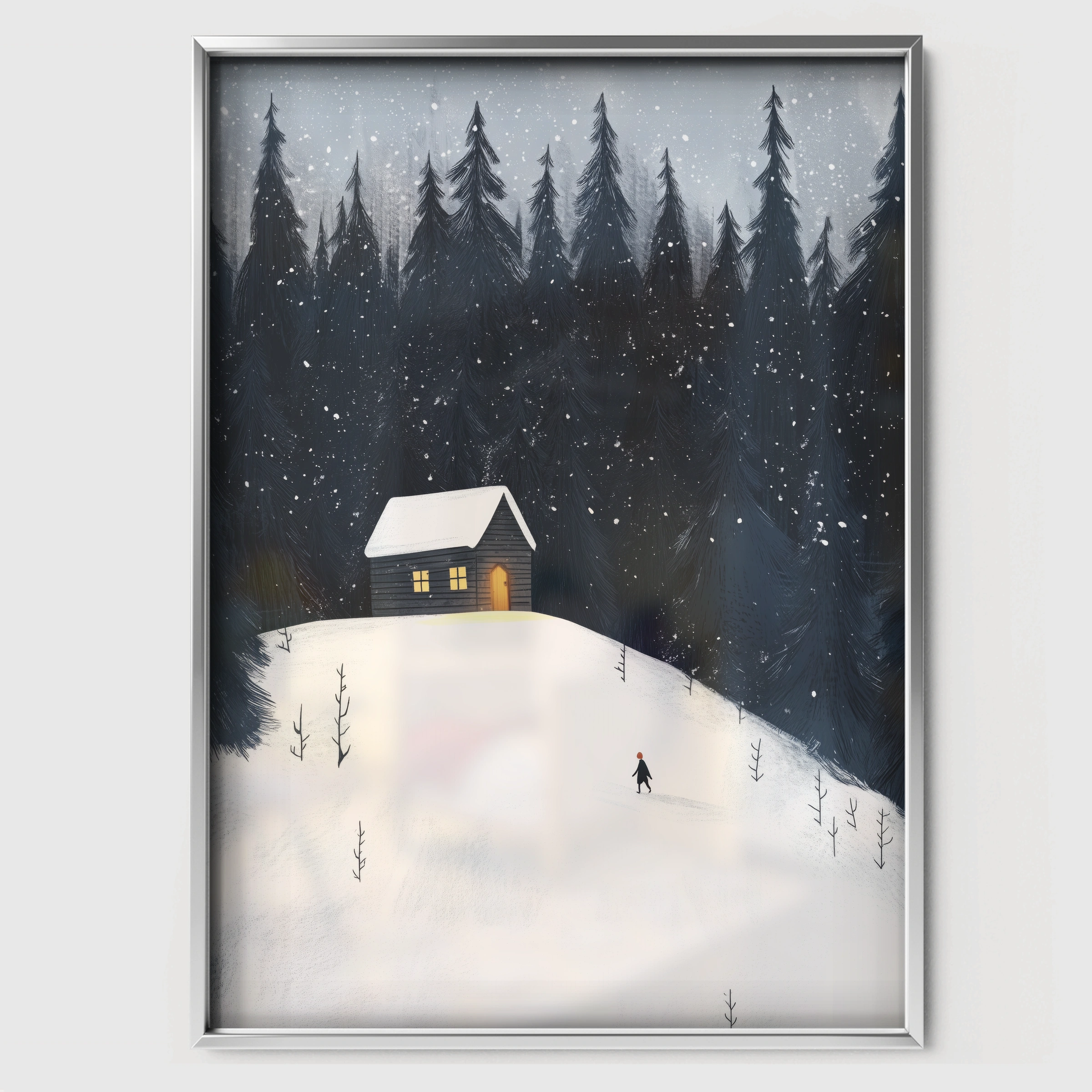 Snowy Cabin in the Forest Christmas Print - white framed nursery wall art print