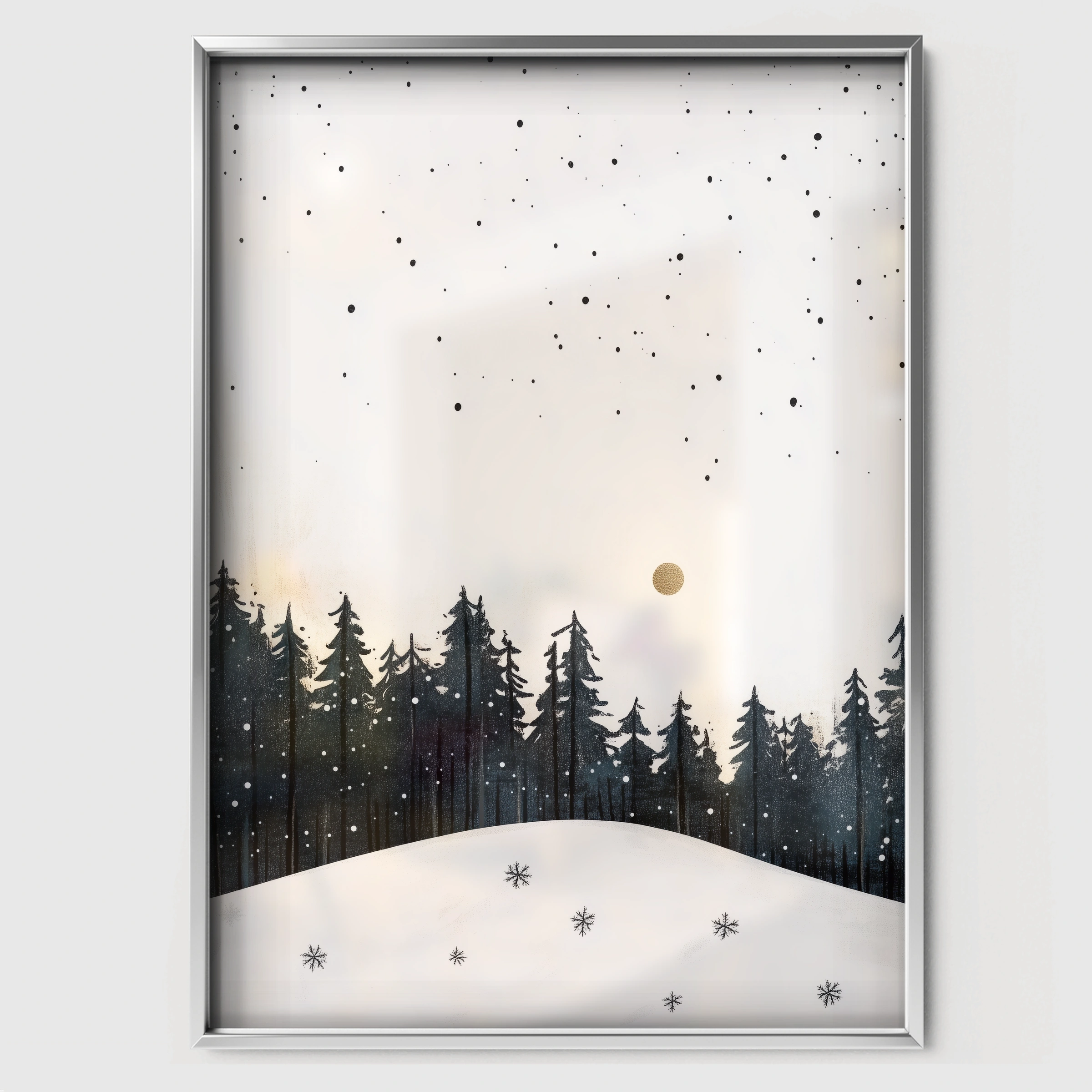 Snowy Forest at Night Christmas Print - white framed nursery wall art print