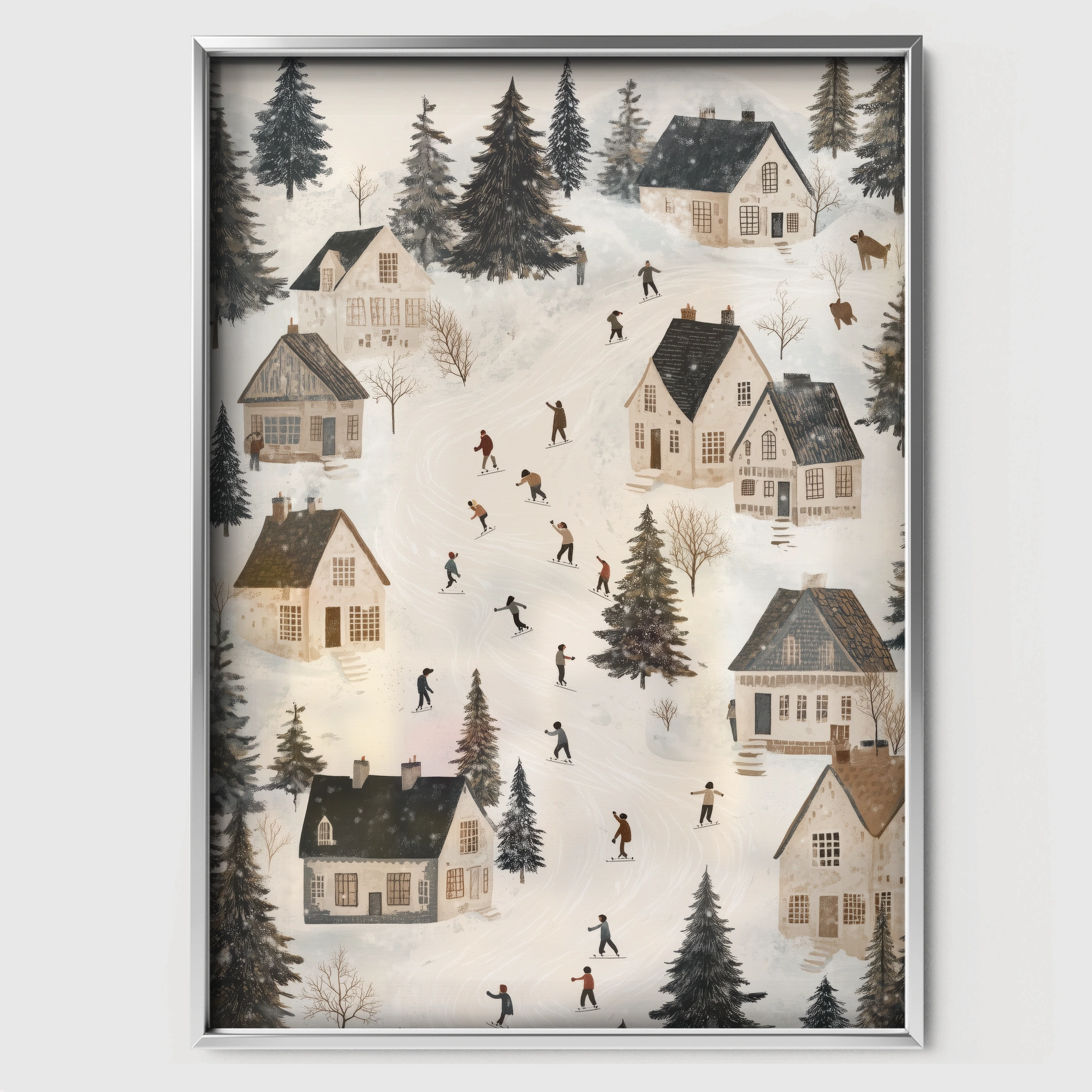 Snowy Village Skaters Christmas Print - white framed nursery wall art print