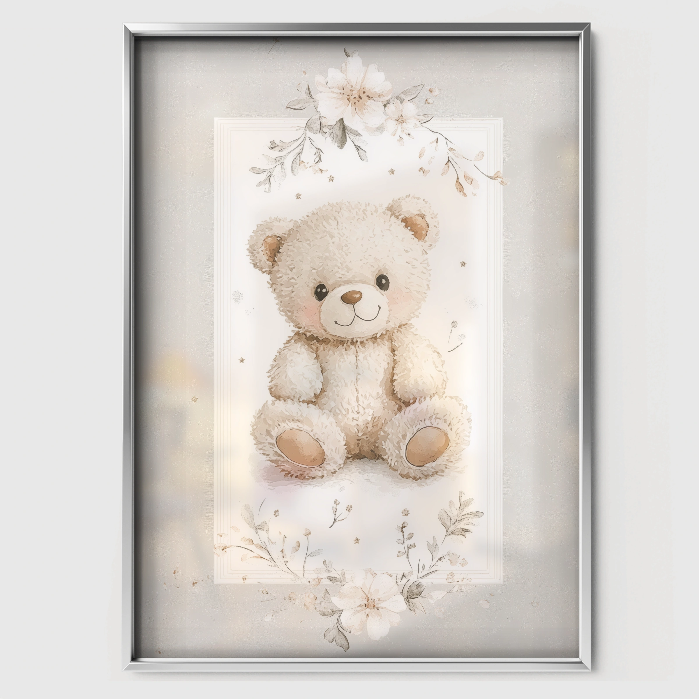 Soft Teddy Bear Nursery Print - white framed nursery wall art print