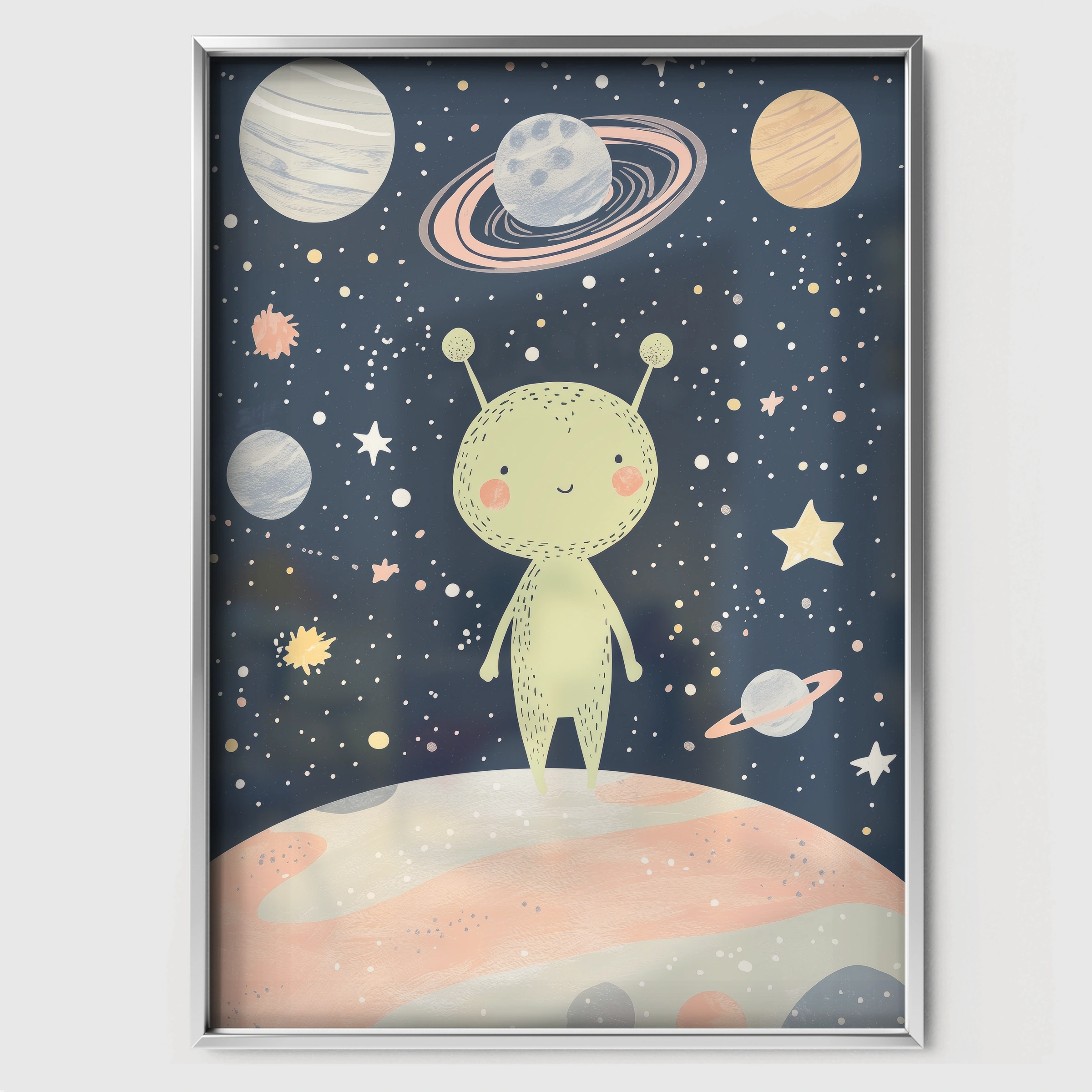 Space Alien Nursery Print - white framed nursery wall art print