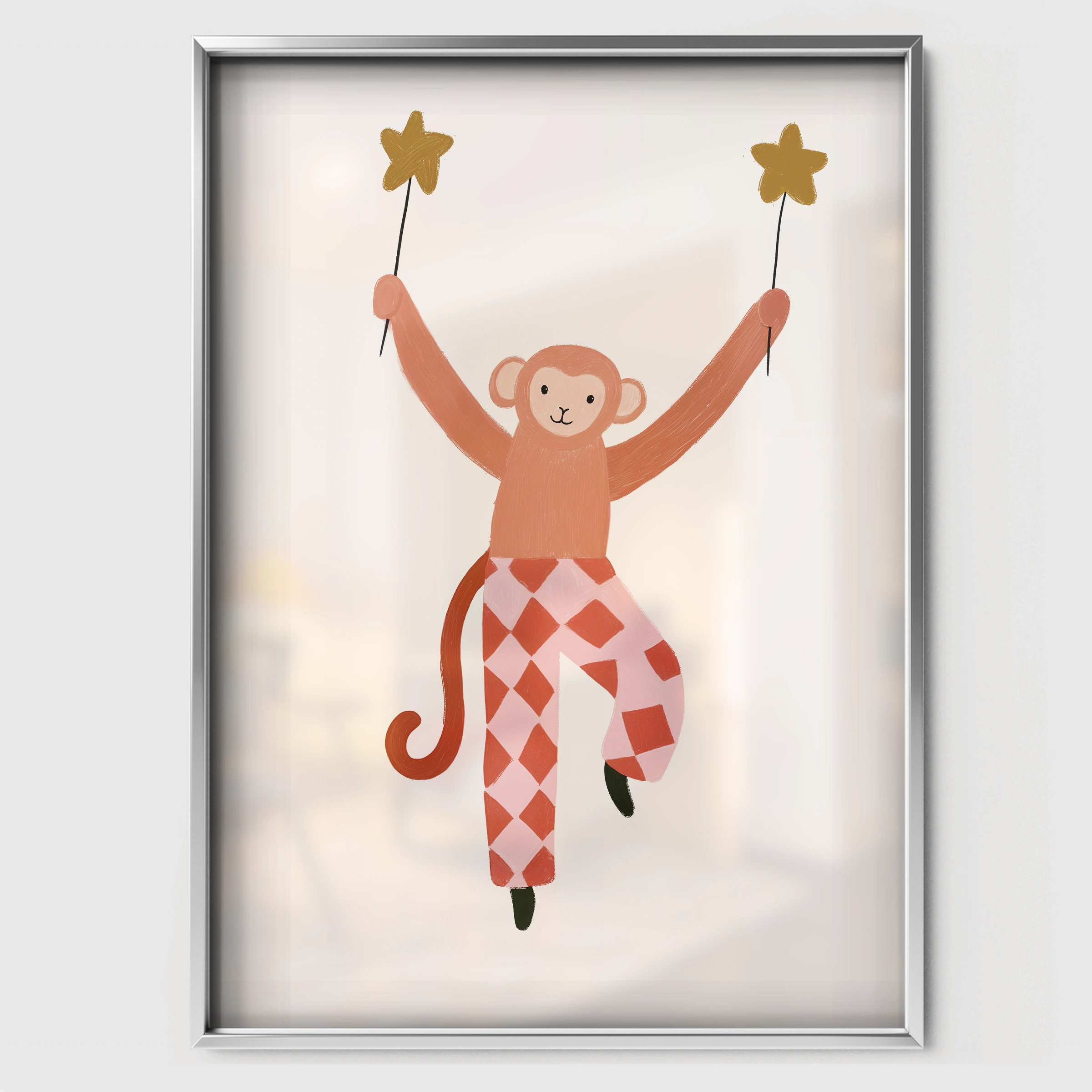 Star Catcher Monkey Nursery Print - white framed nursery wall art print