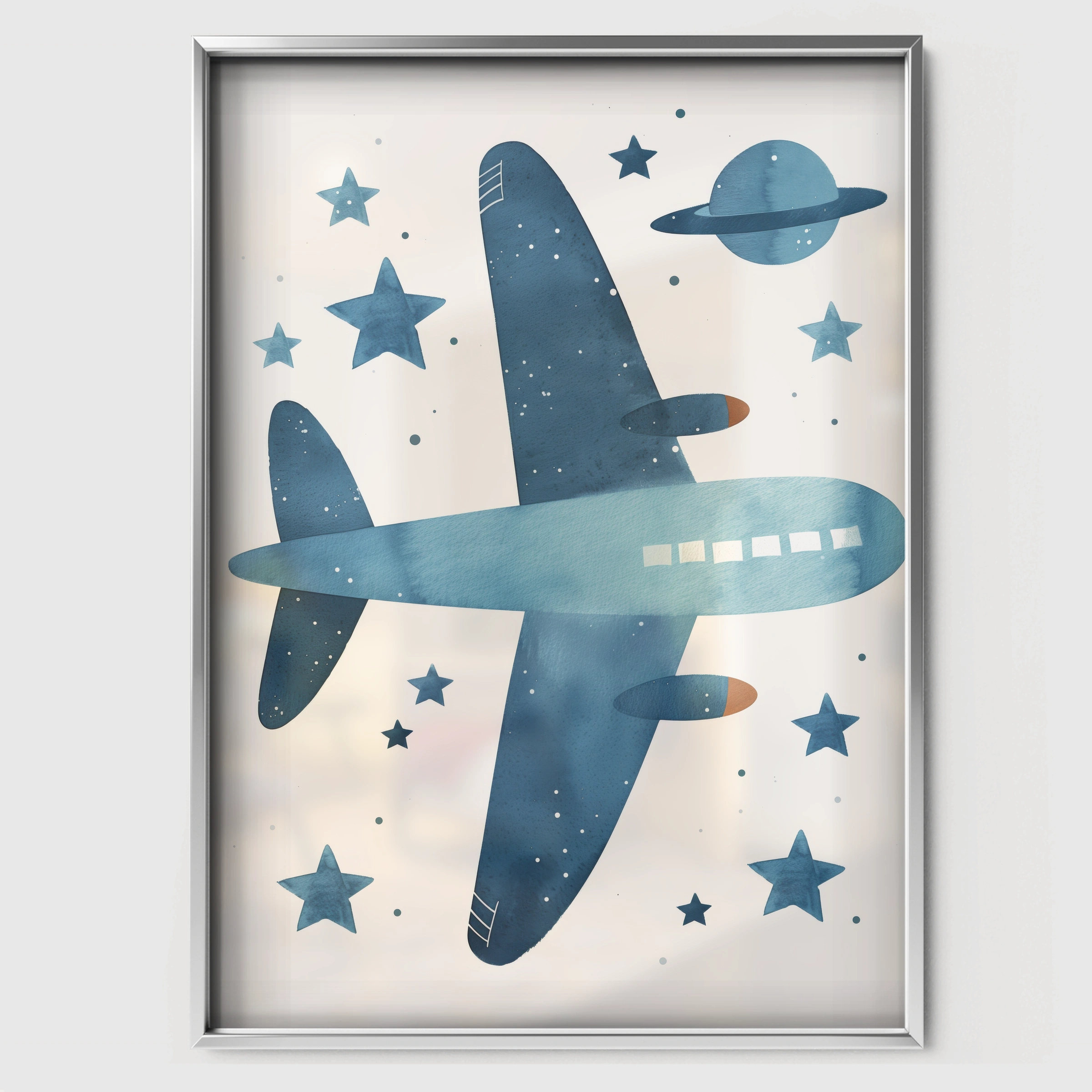 Starry Airplane Nursery Print - white framed nursery wall art print