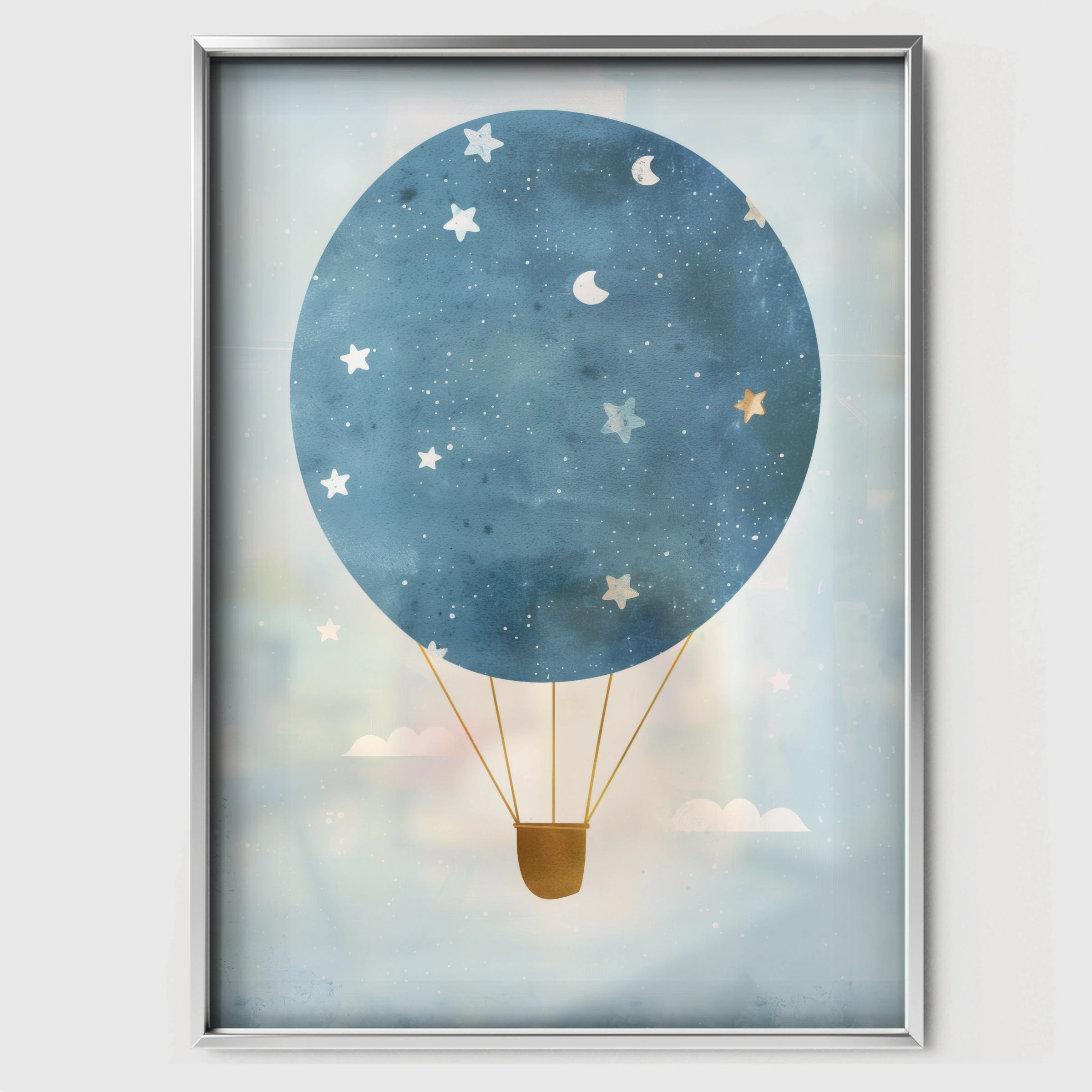 Starry Hot Air Balloon Nursery Print - white framed nursery wall art print