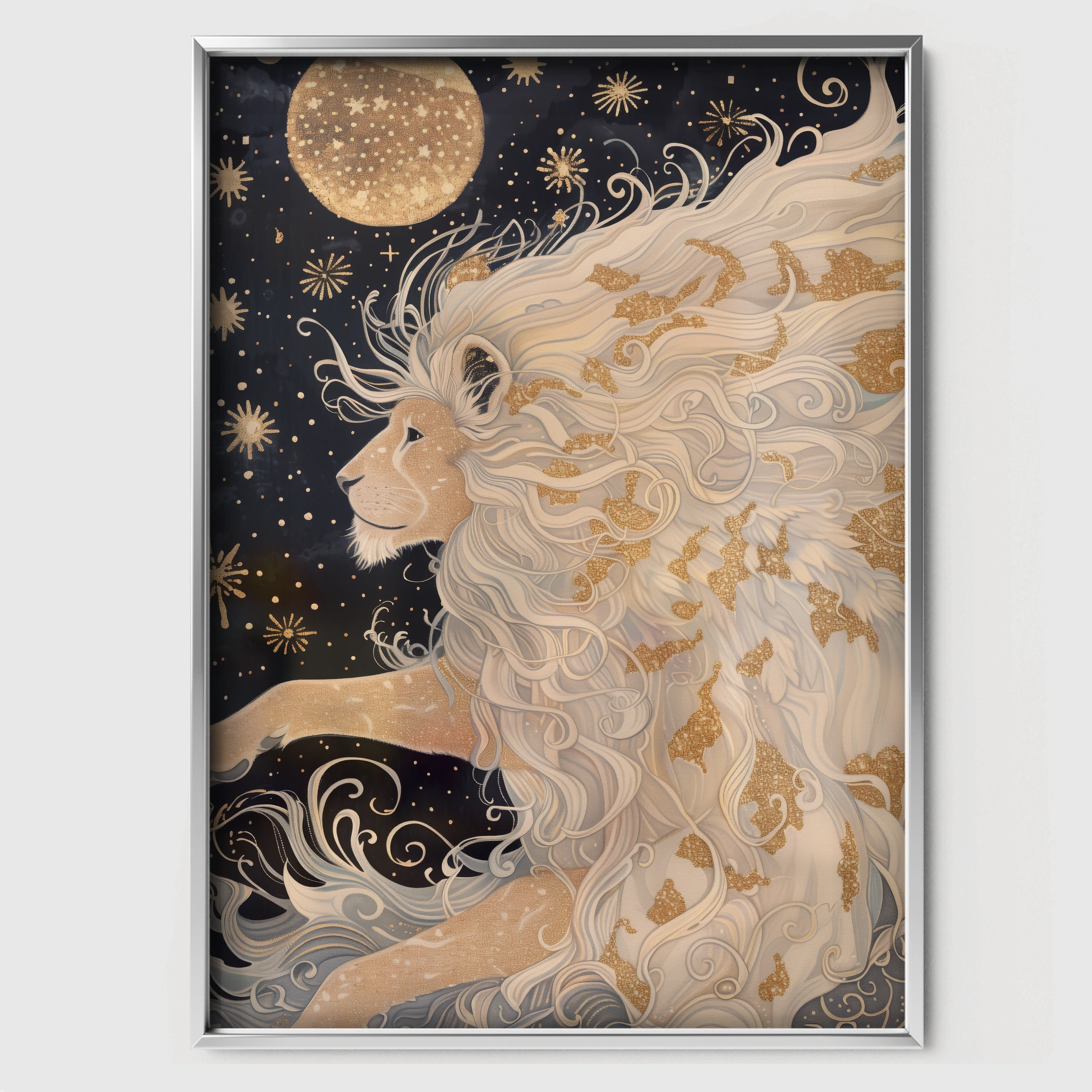 Starry Mane Lion Nursery Print - white framed nursery wall art print