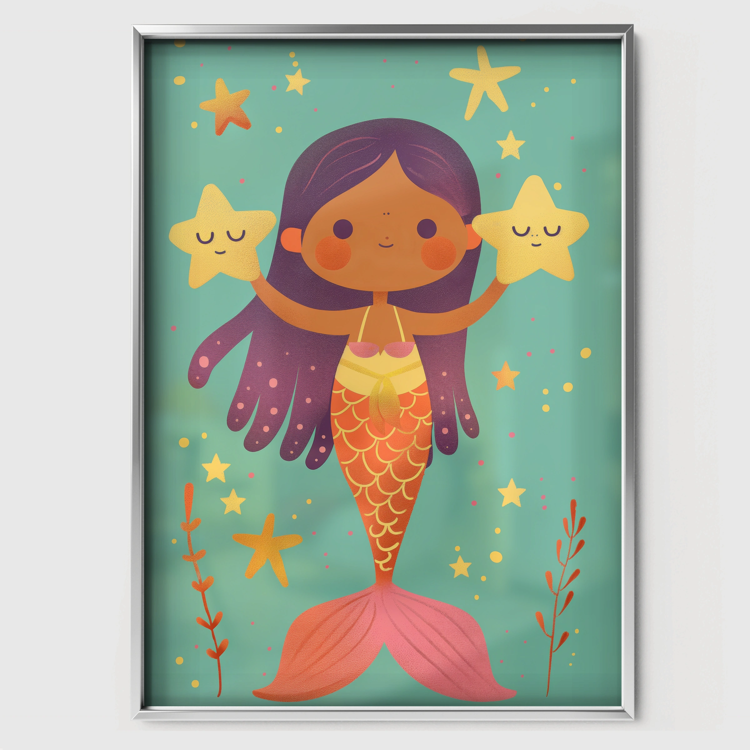 Starry Mermaid Nursery Print - white framed nursery wall art print