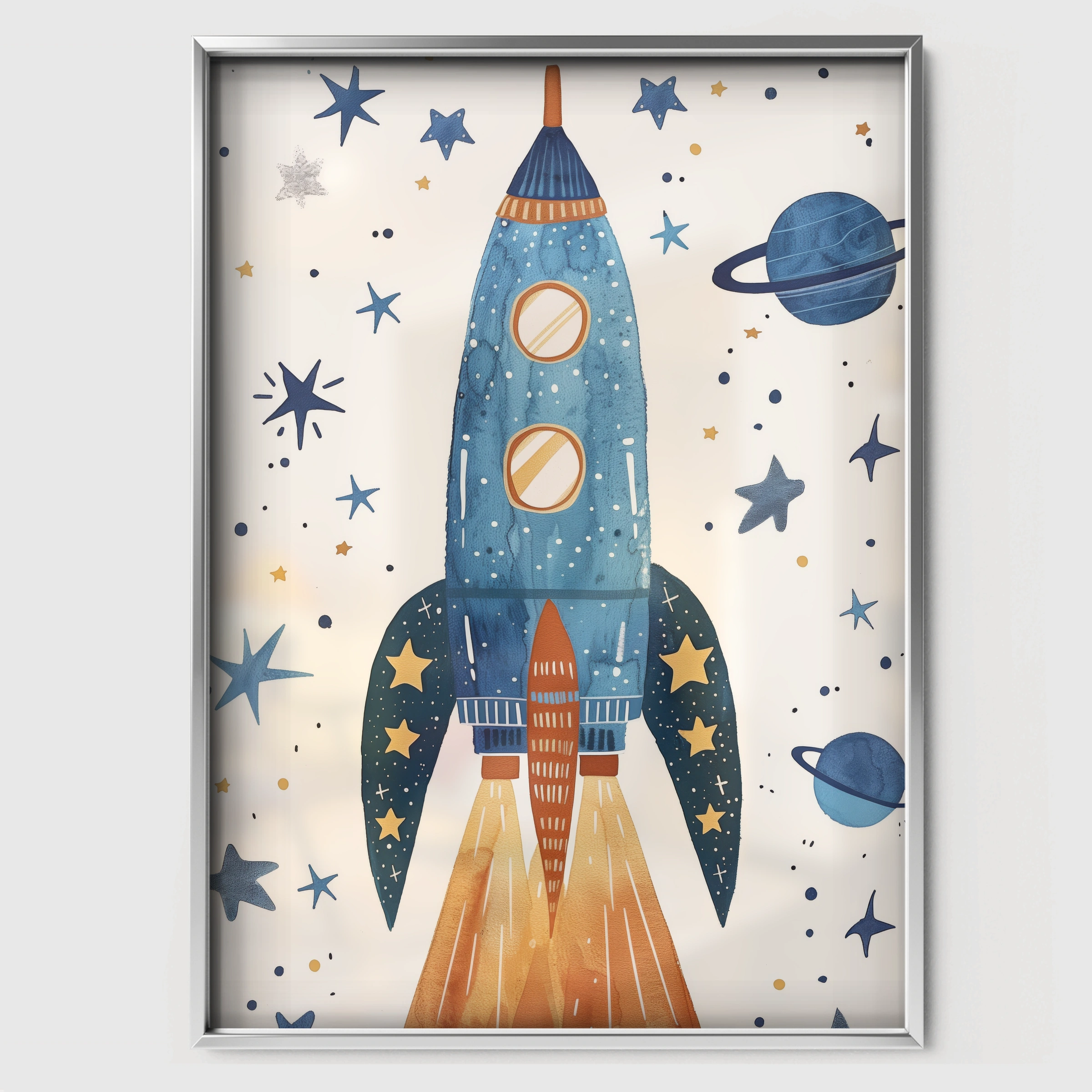 Starry Rocket Nursery Print - white framed nursery wall art print