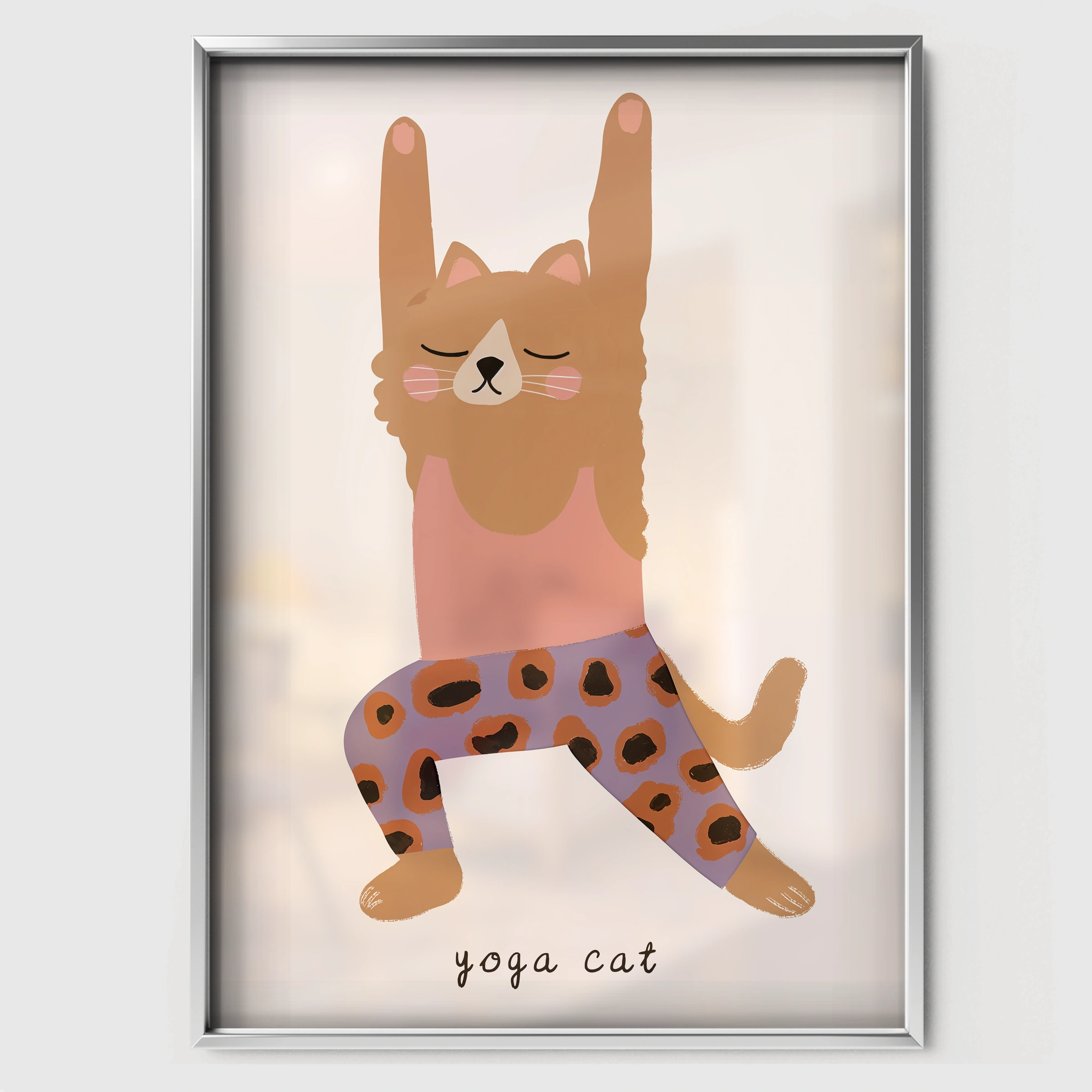 Stretching Cat Nursery Print - white framed nursery wall art print