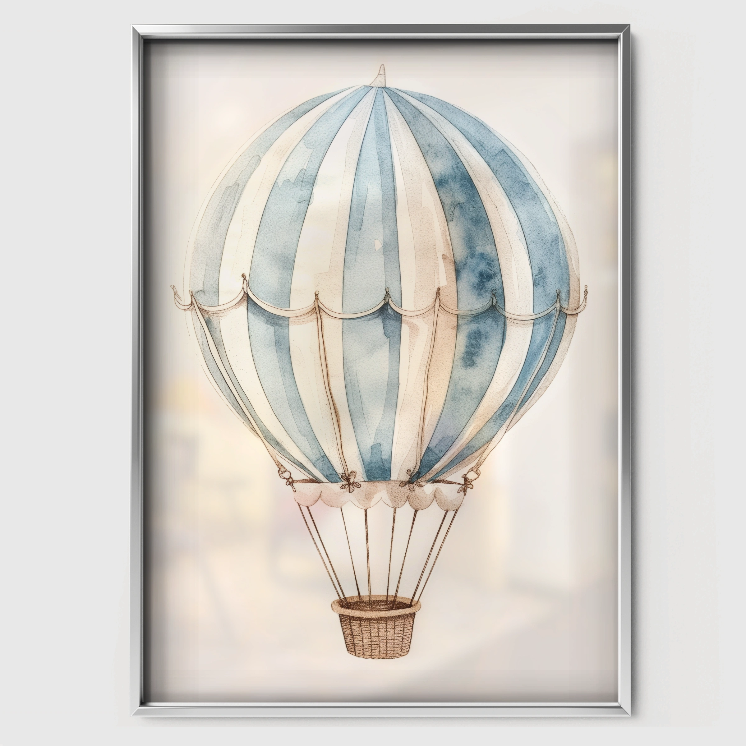 Striped Hot Air Balloon Nursery Print - white framed nursery wall art print