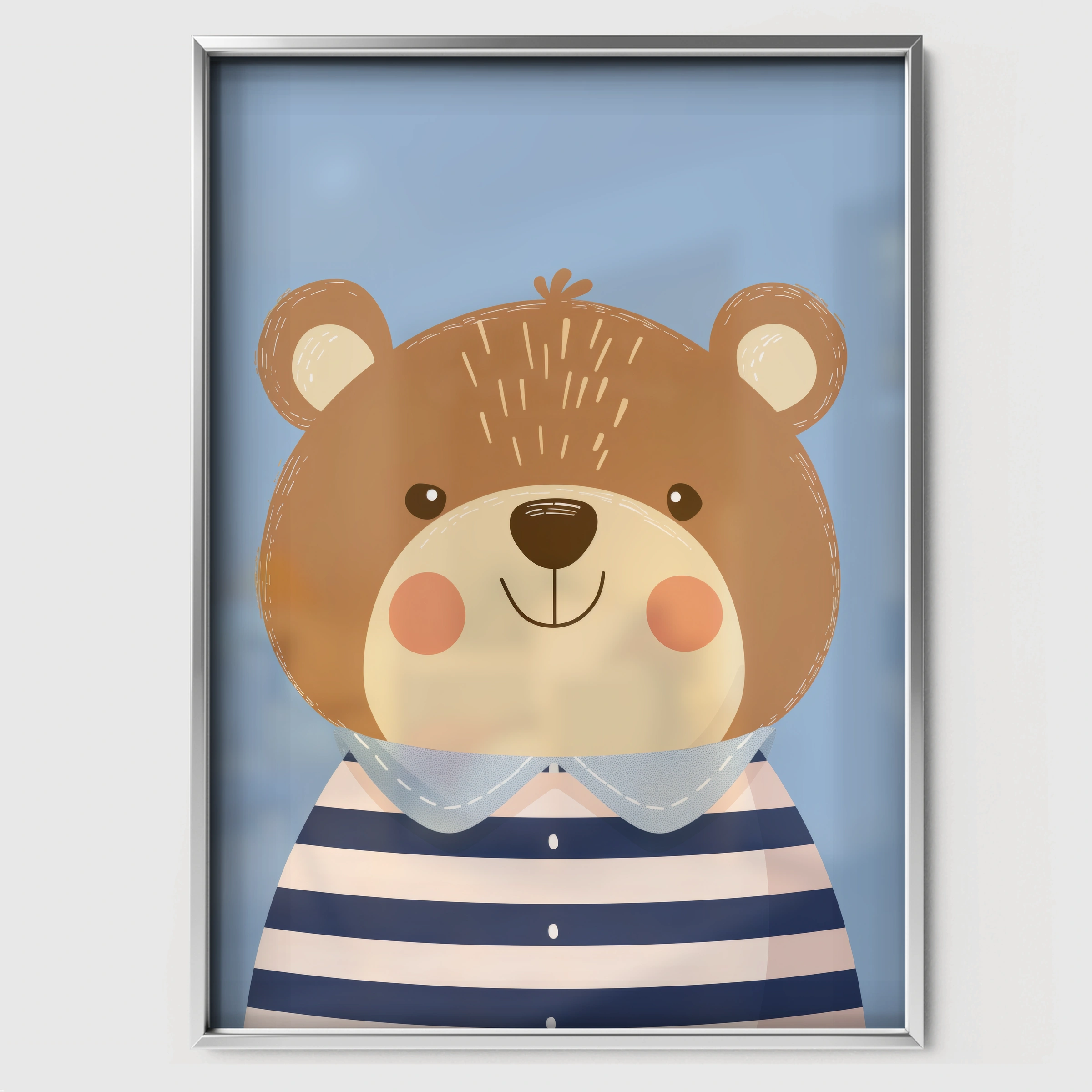 Striped Shirt Bear Nursery Print - white framed nursery wall art print