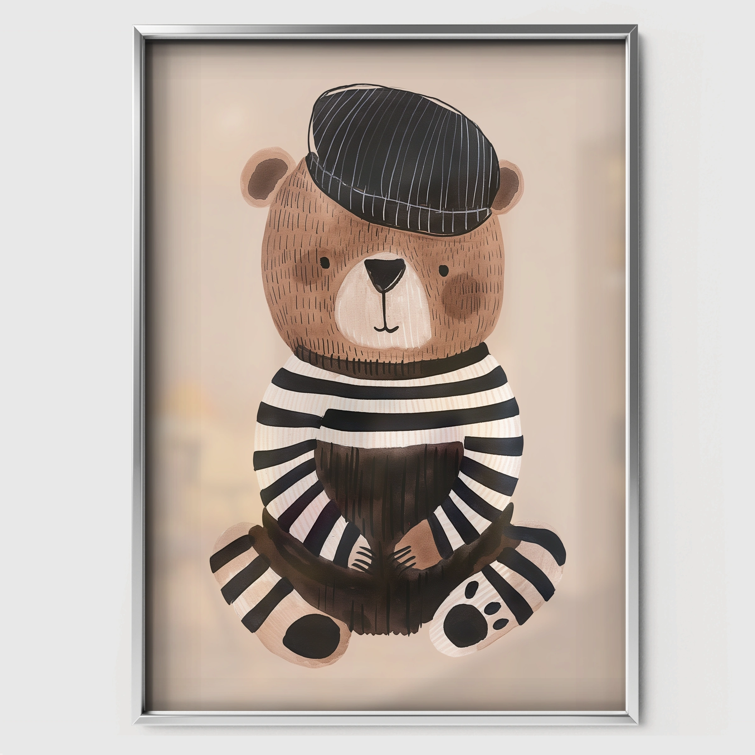 Stripey Bear Nursery Print - white framed nursery wall art print