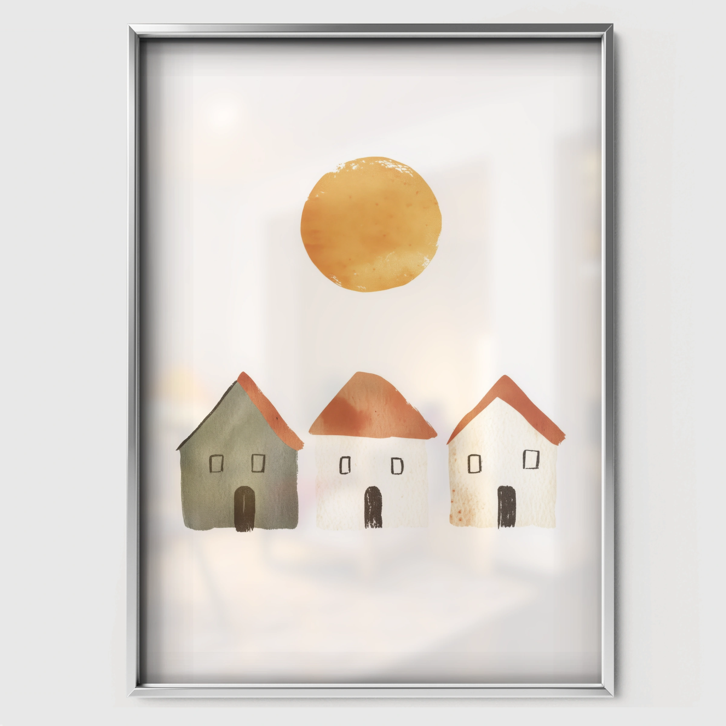 Sun and Houses Nursery Print - white framed nursery wall art print