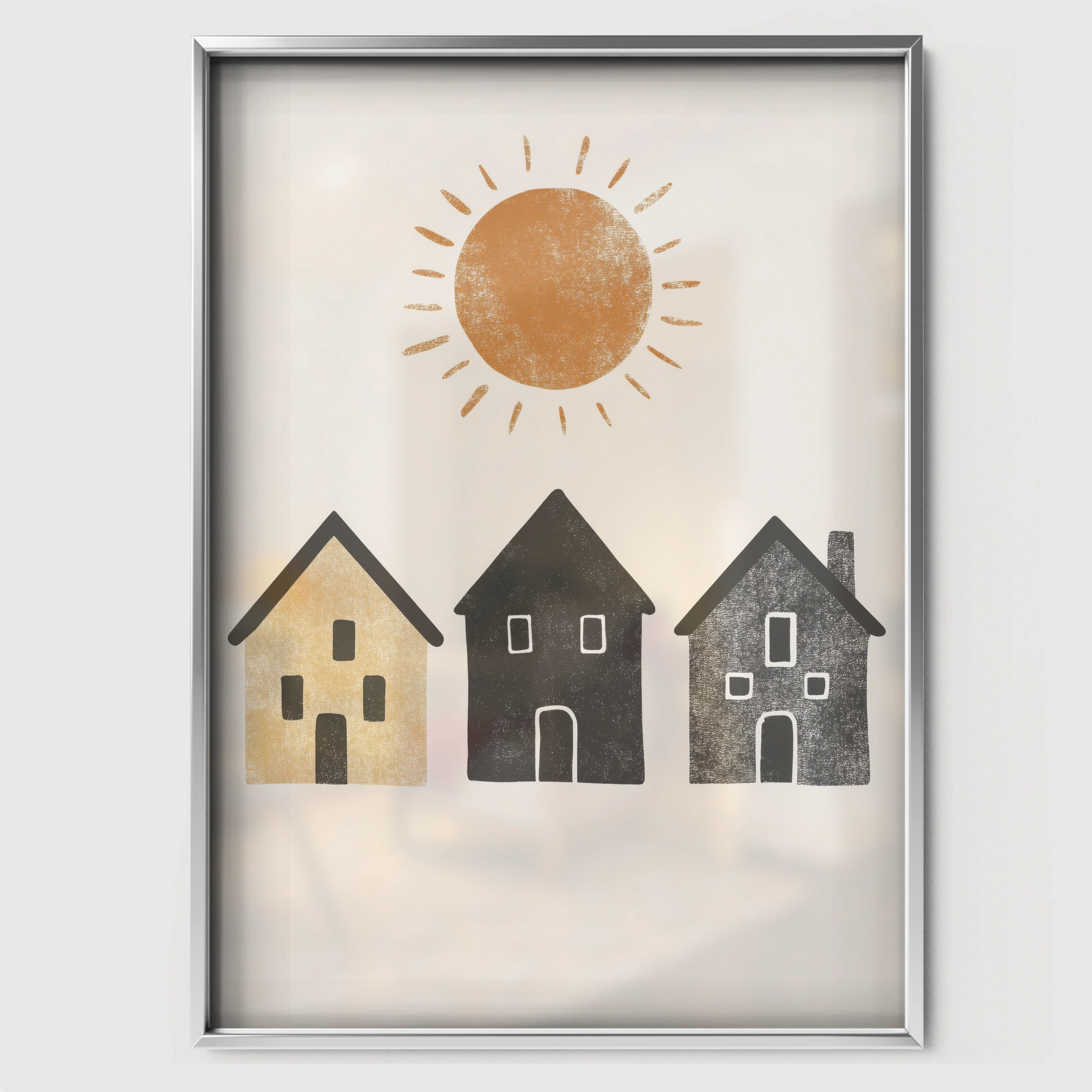 Sun and Houses Two Nursery Print - white framed nursery wall art print