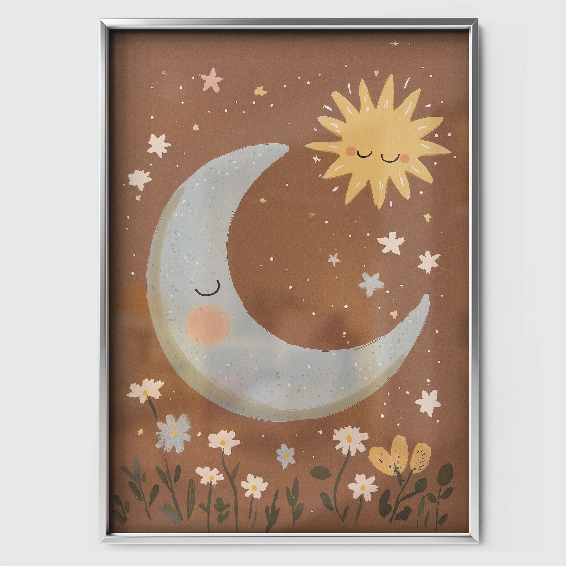 Sun and Moon Nursery Print - white framed nursery wall art print