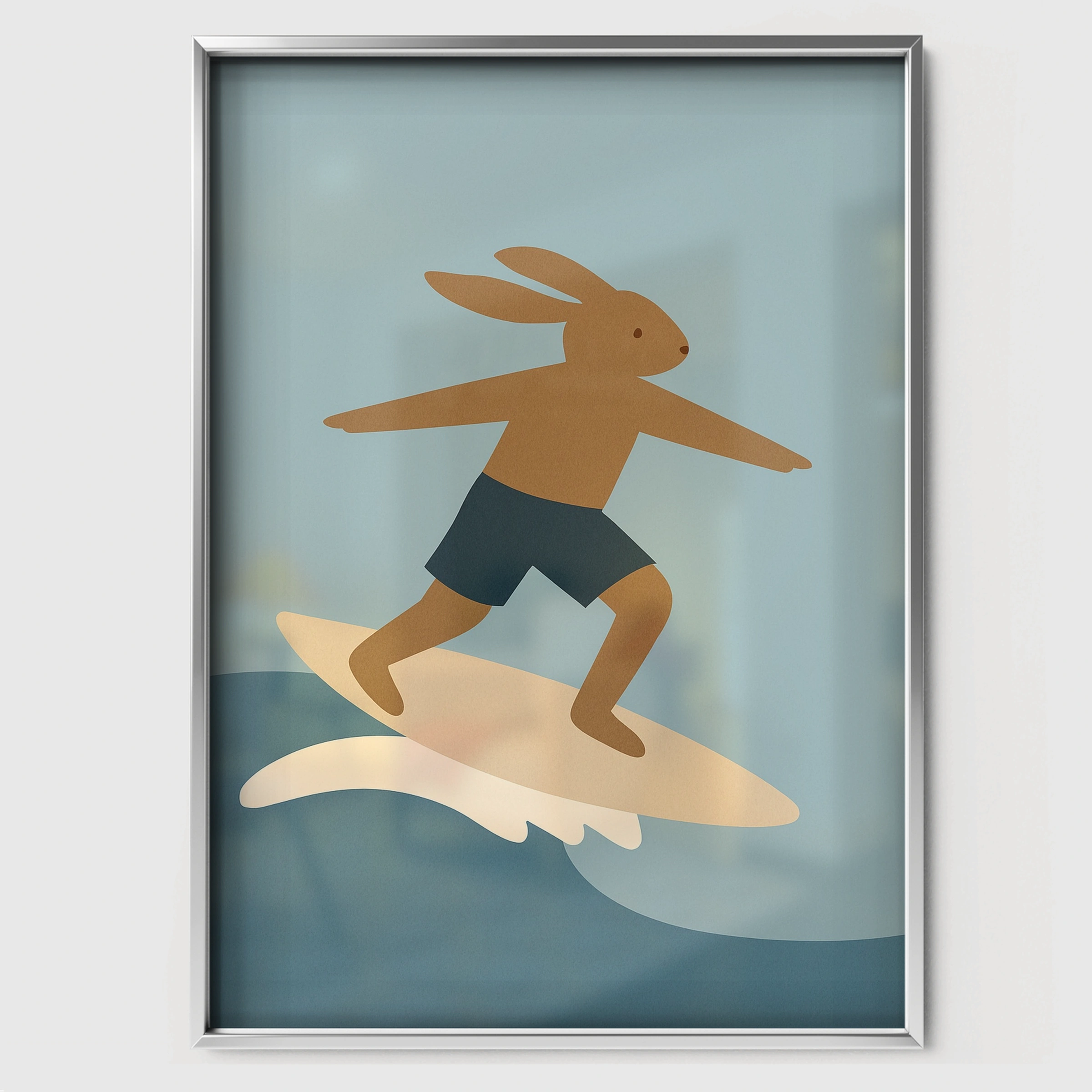 Surfing Rabbit Nursery Print - white framed nursery wall art print