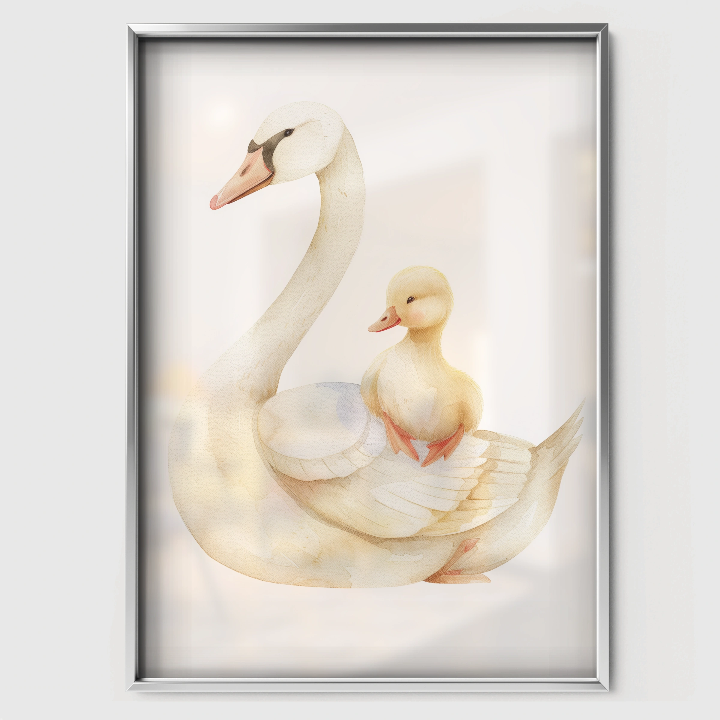 Swan and Duckling Nursery Print - white framed nursery wall art print