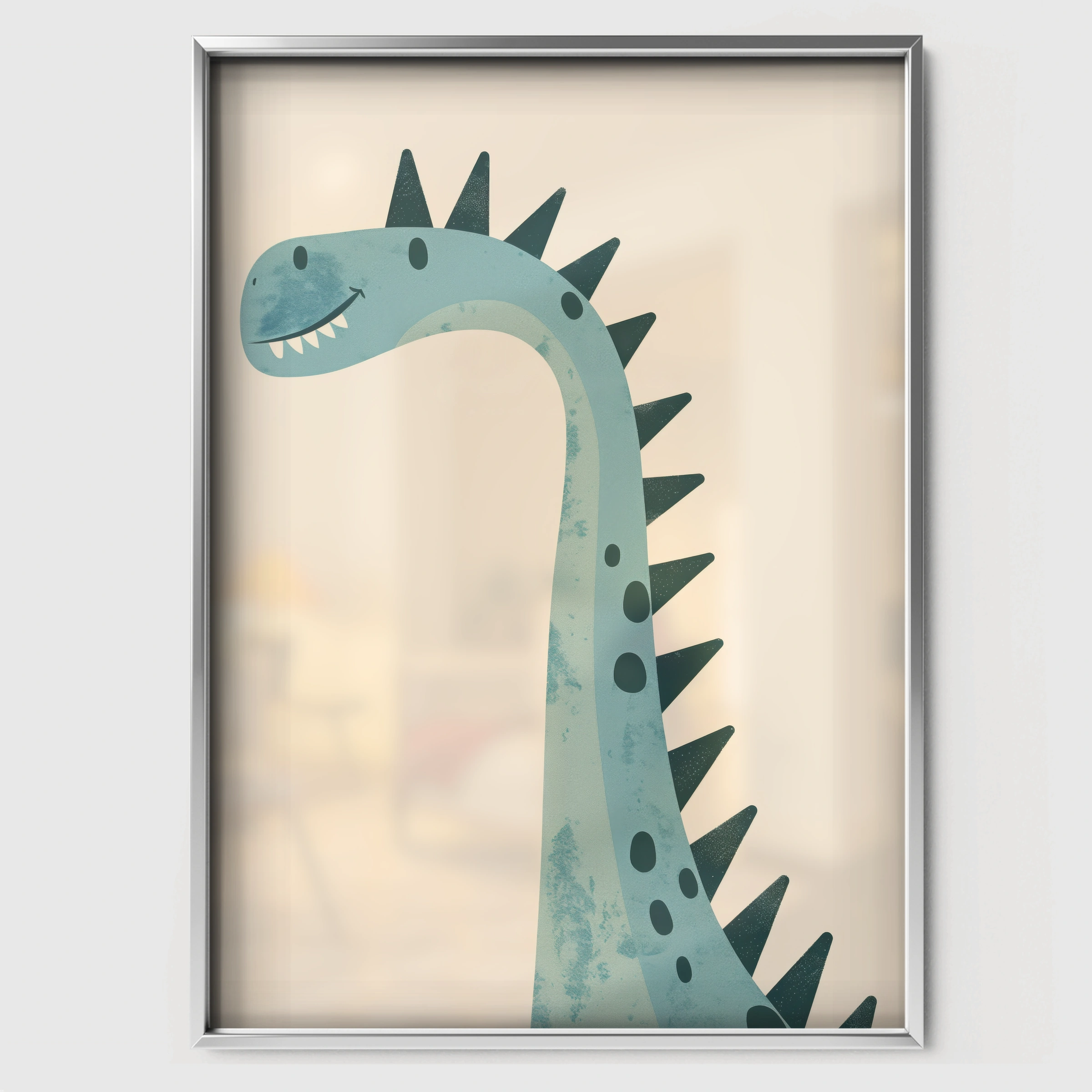 Teal Dinosaur Nursery Print - white framed nursery wall art print