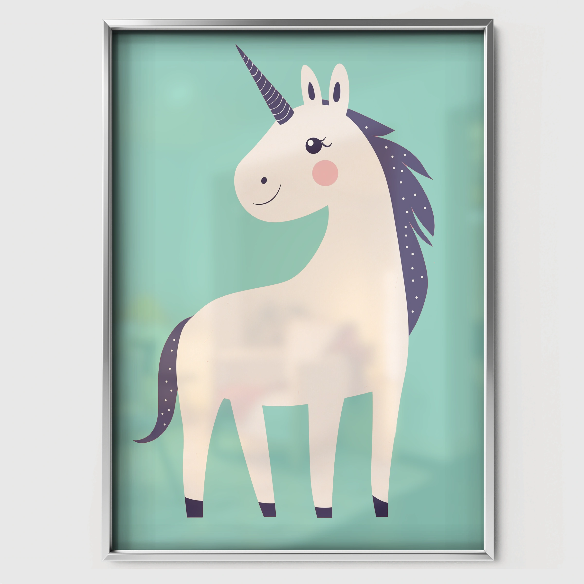 Teal Unicorn Nursery Print - white framed nursery wall art print
