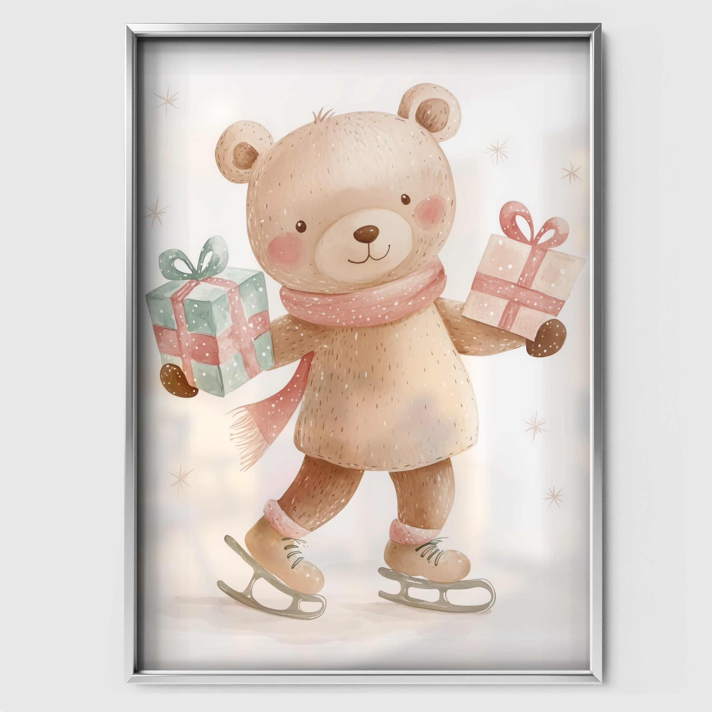 Teddy Bear with Gifts Christmas Print - white framed nursery wall art print