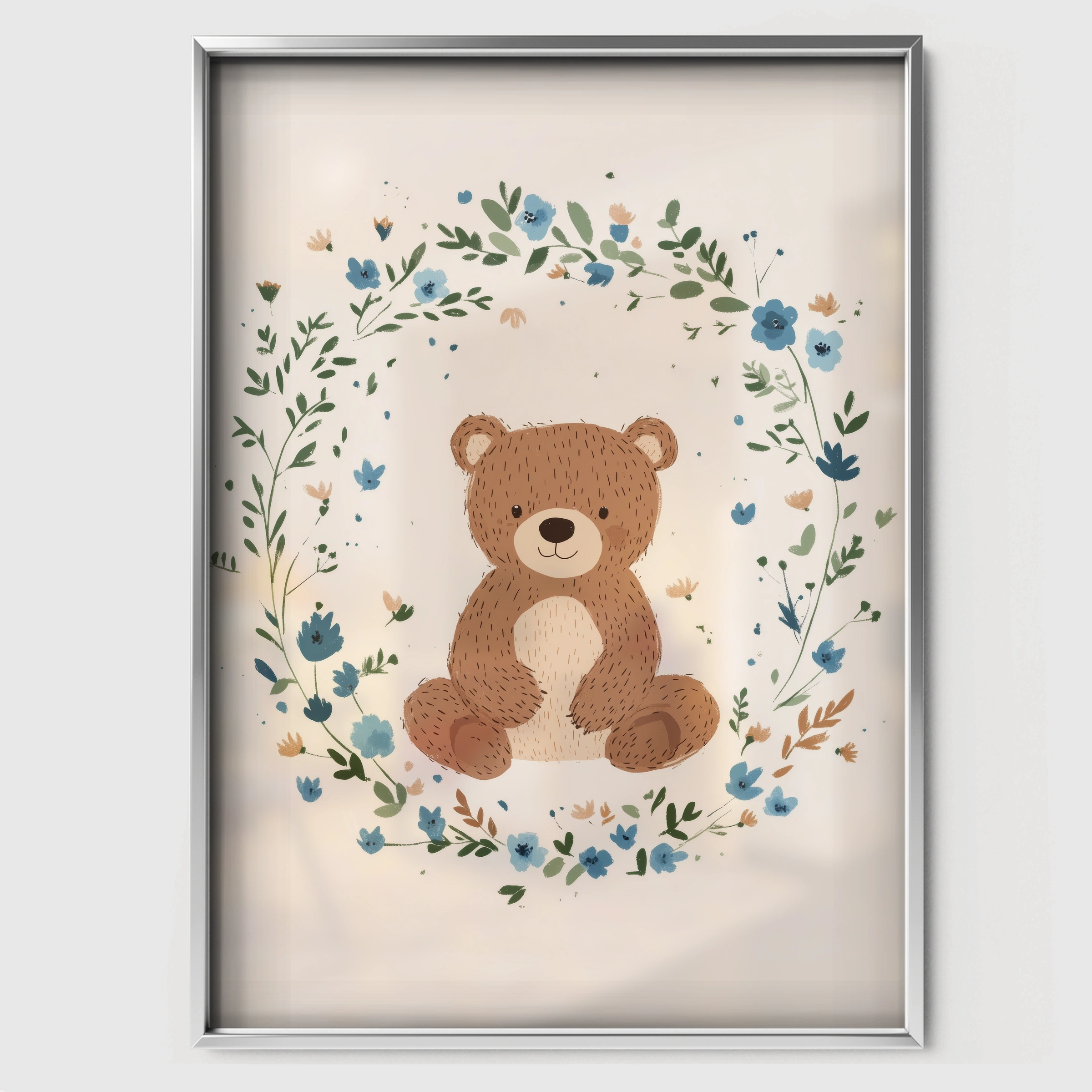 Teddy in a Wreath Nursery Print - white framed nursery wall art print