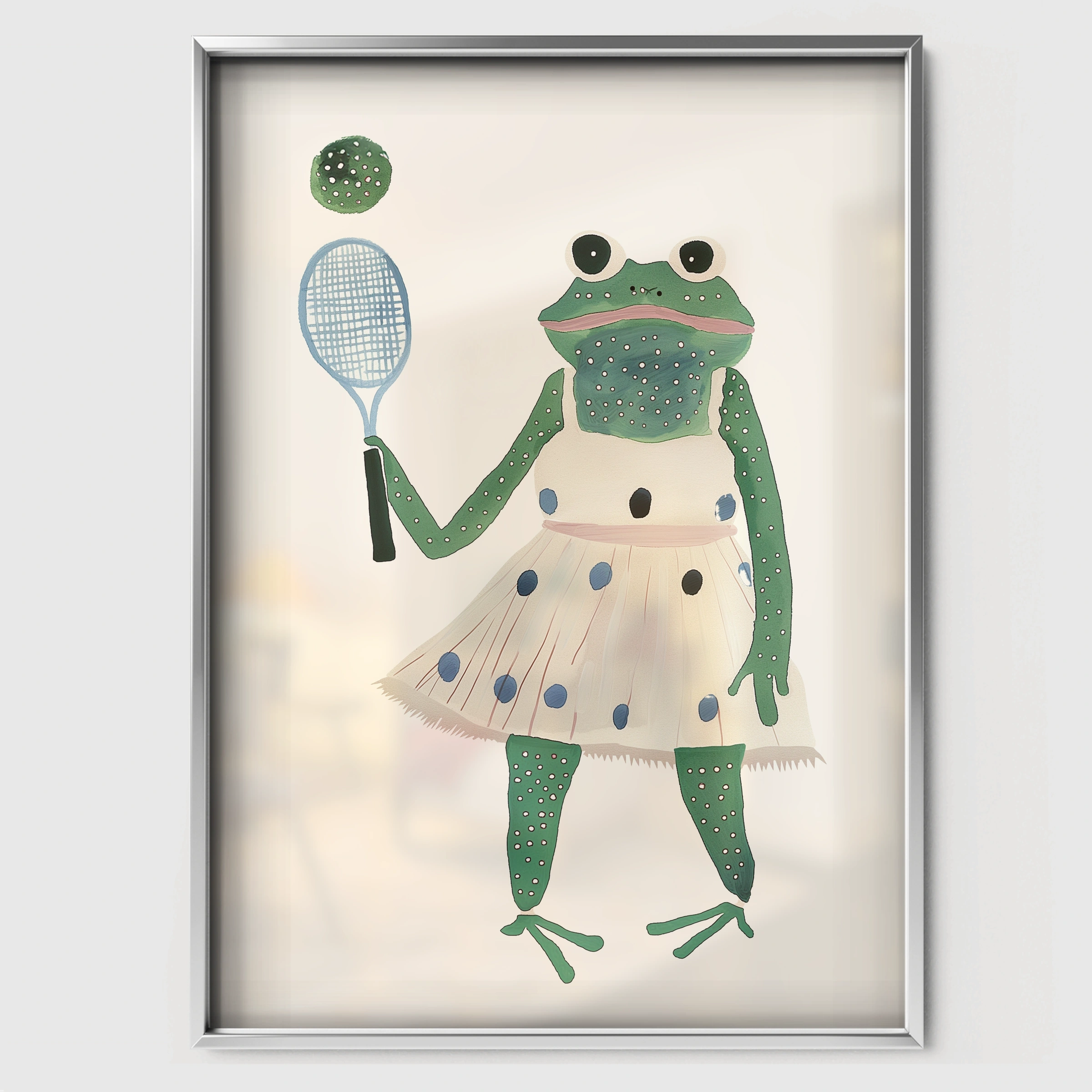 Tennis Frog Nursery Print - white framed nursery wall art print