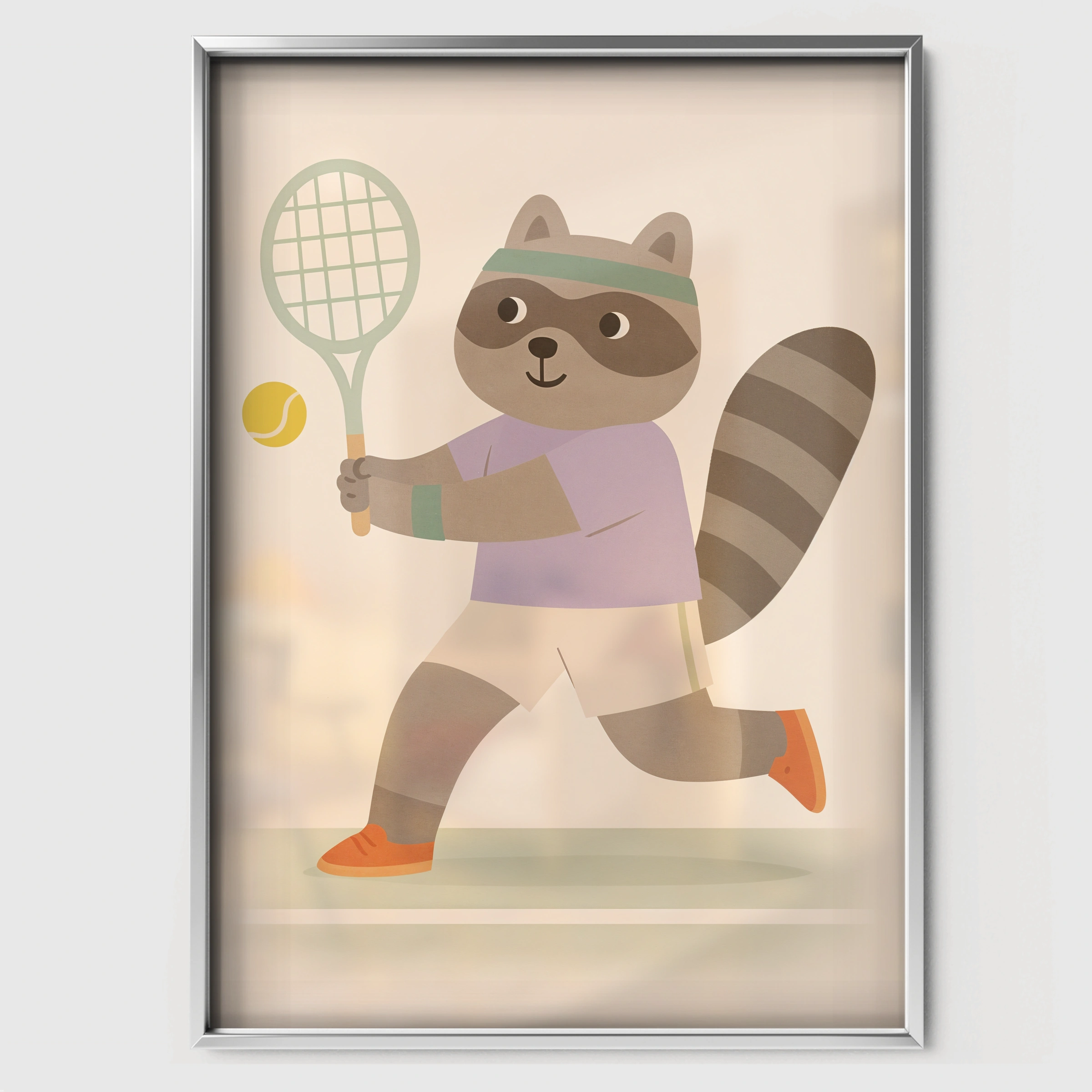 Tennis Raccoon Nursery Print - white framed nursery wall art print