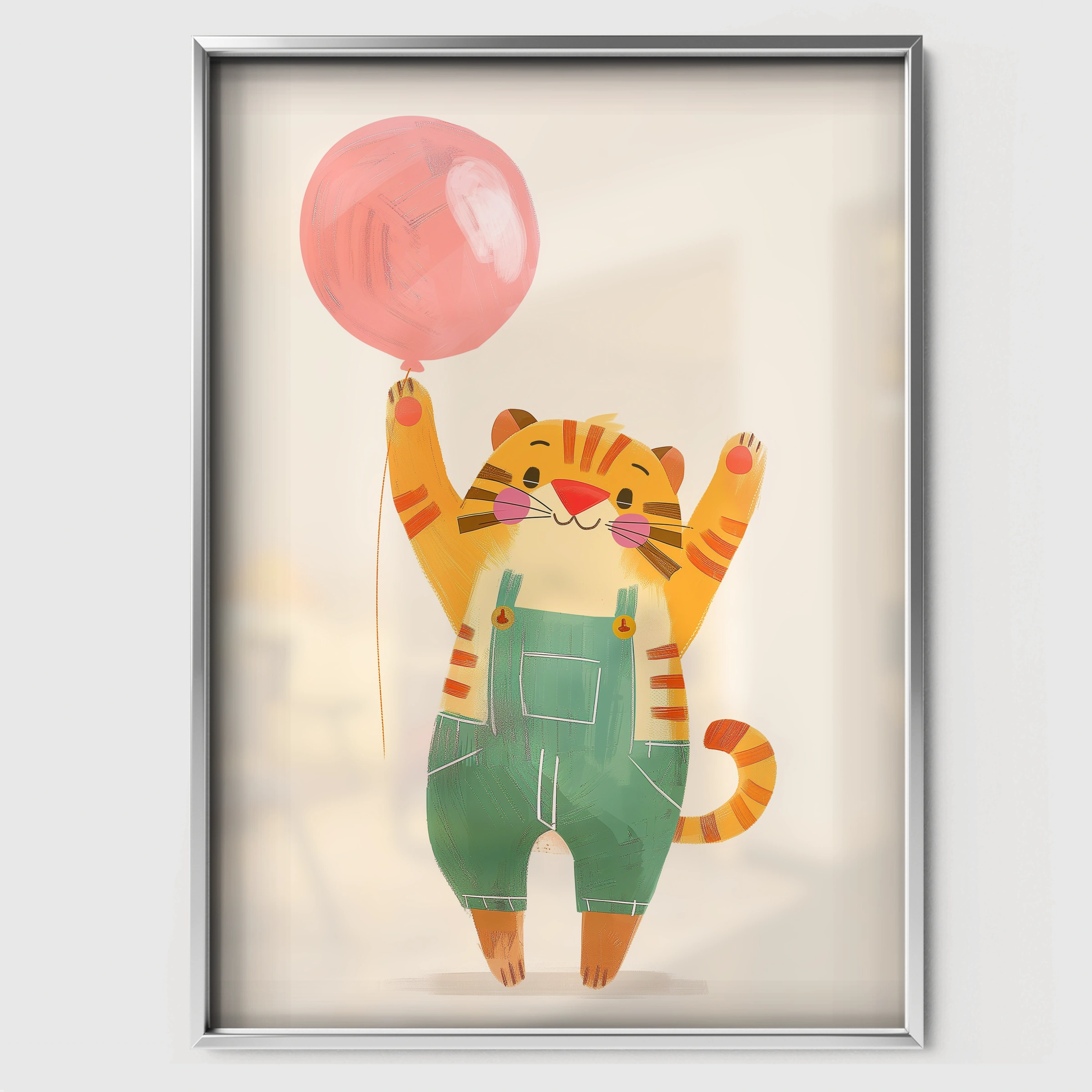Tiger with a Balloon Nursery Print - white framed nursery wall art print