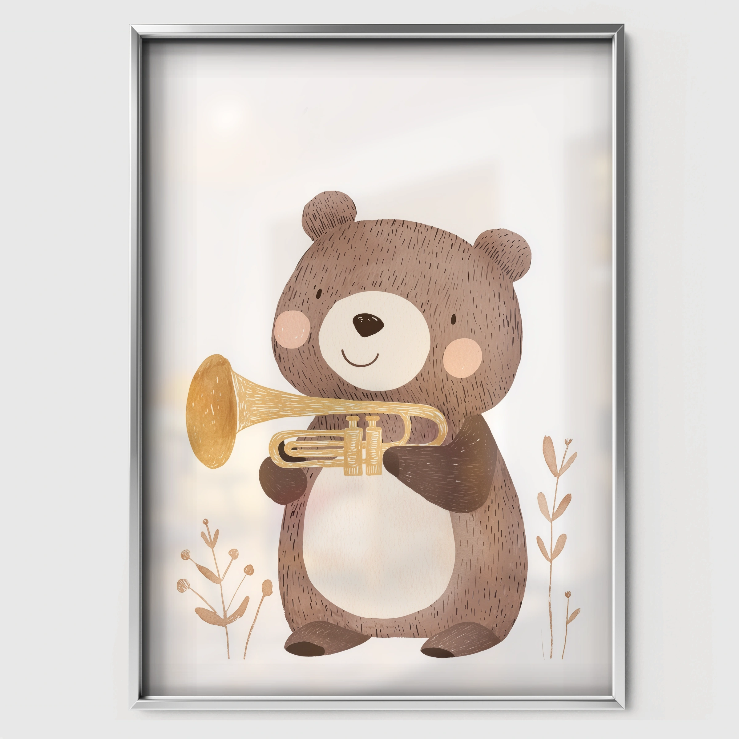 Trumpet Bear Nursery Print - white framed nursery wall art print