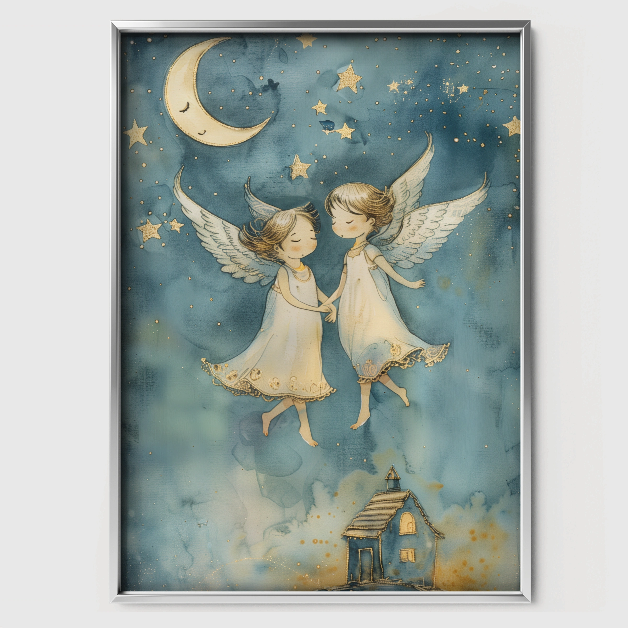 Two Angels Nursery Print - white framed nursery wall art print