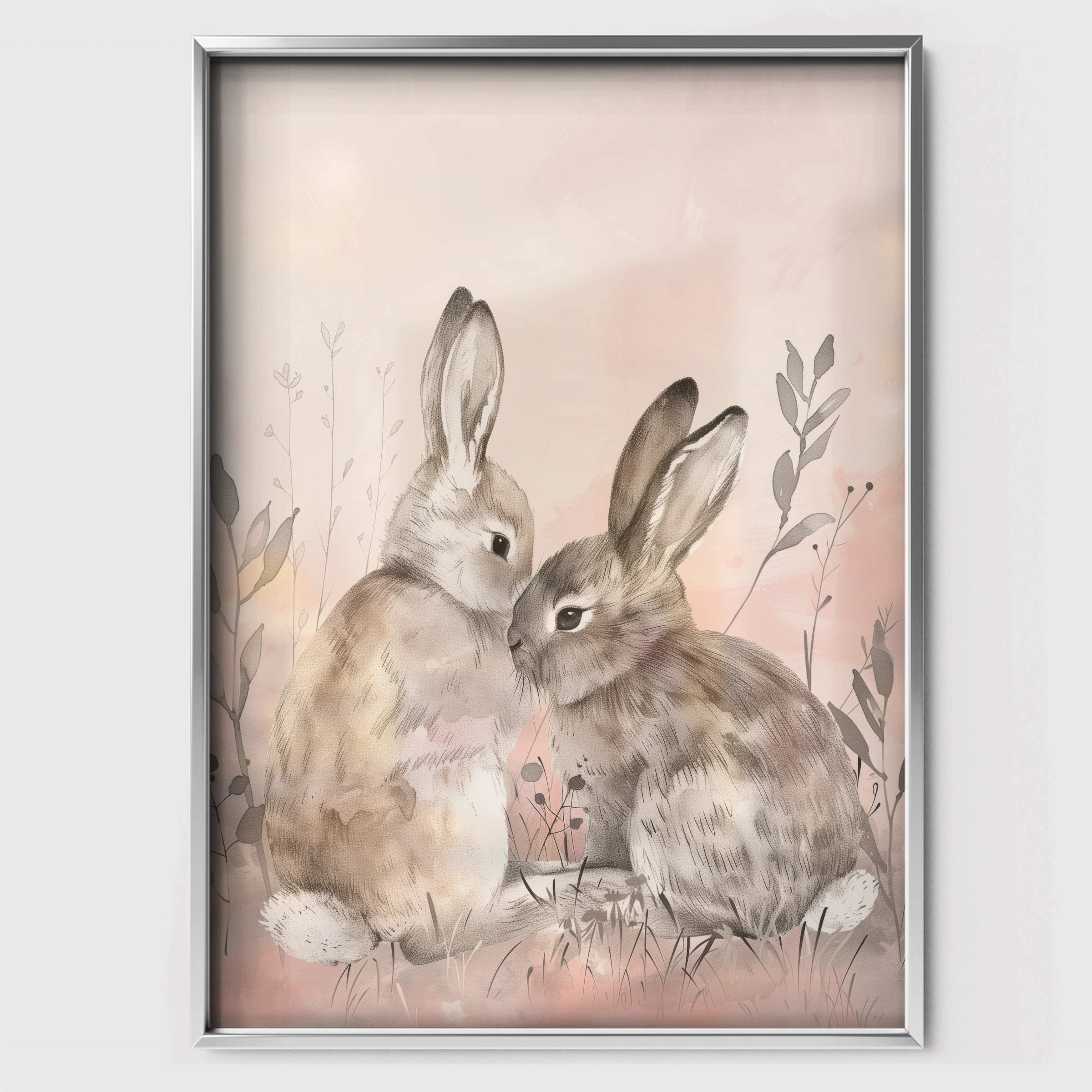 Two Bunnies in Love Nursery Print - white framed nursery wall art print