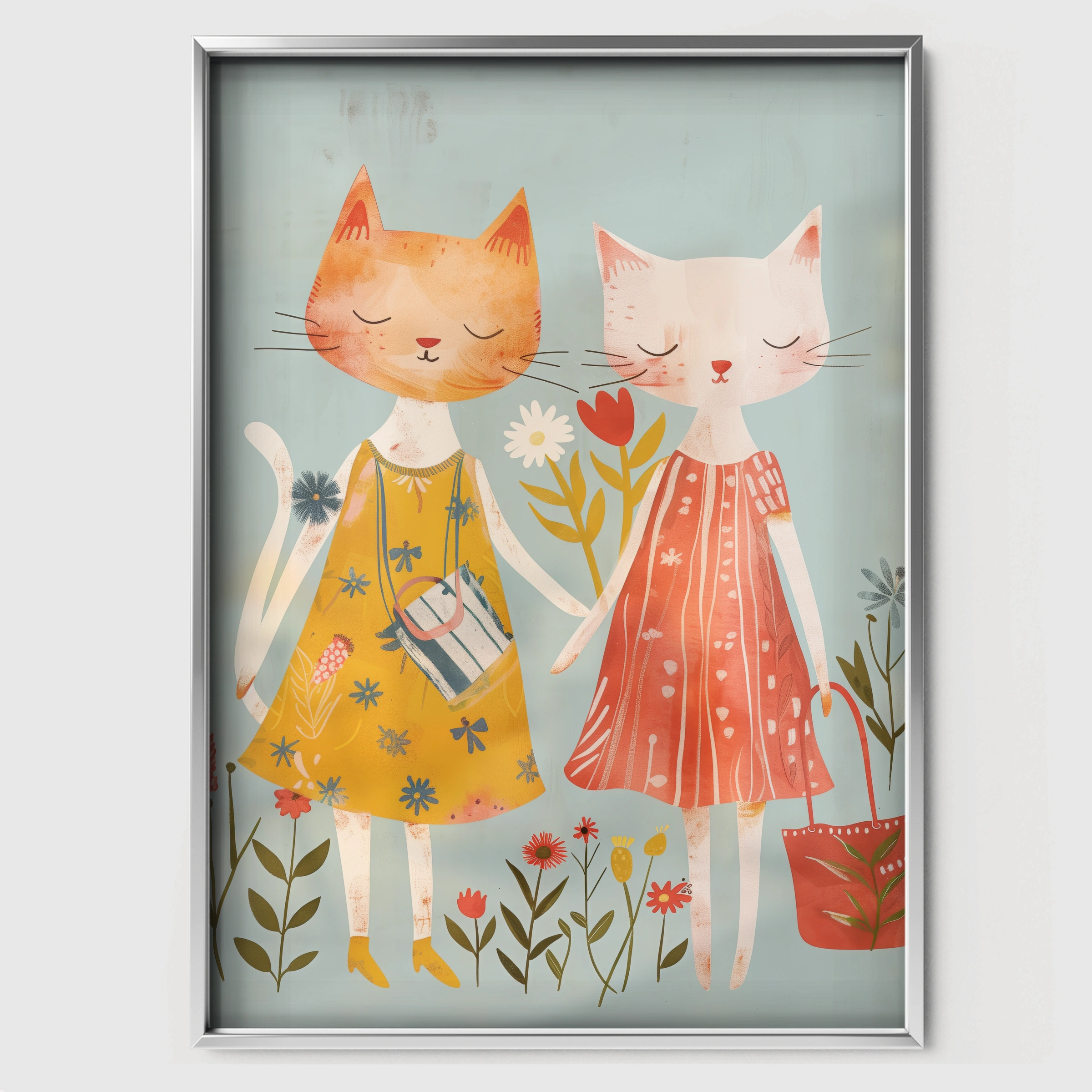 Two Cats in Dresses Nursery Print - white framed nursery wall art print