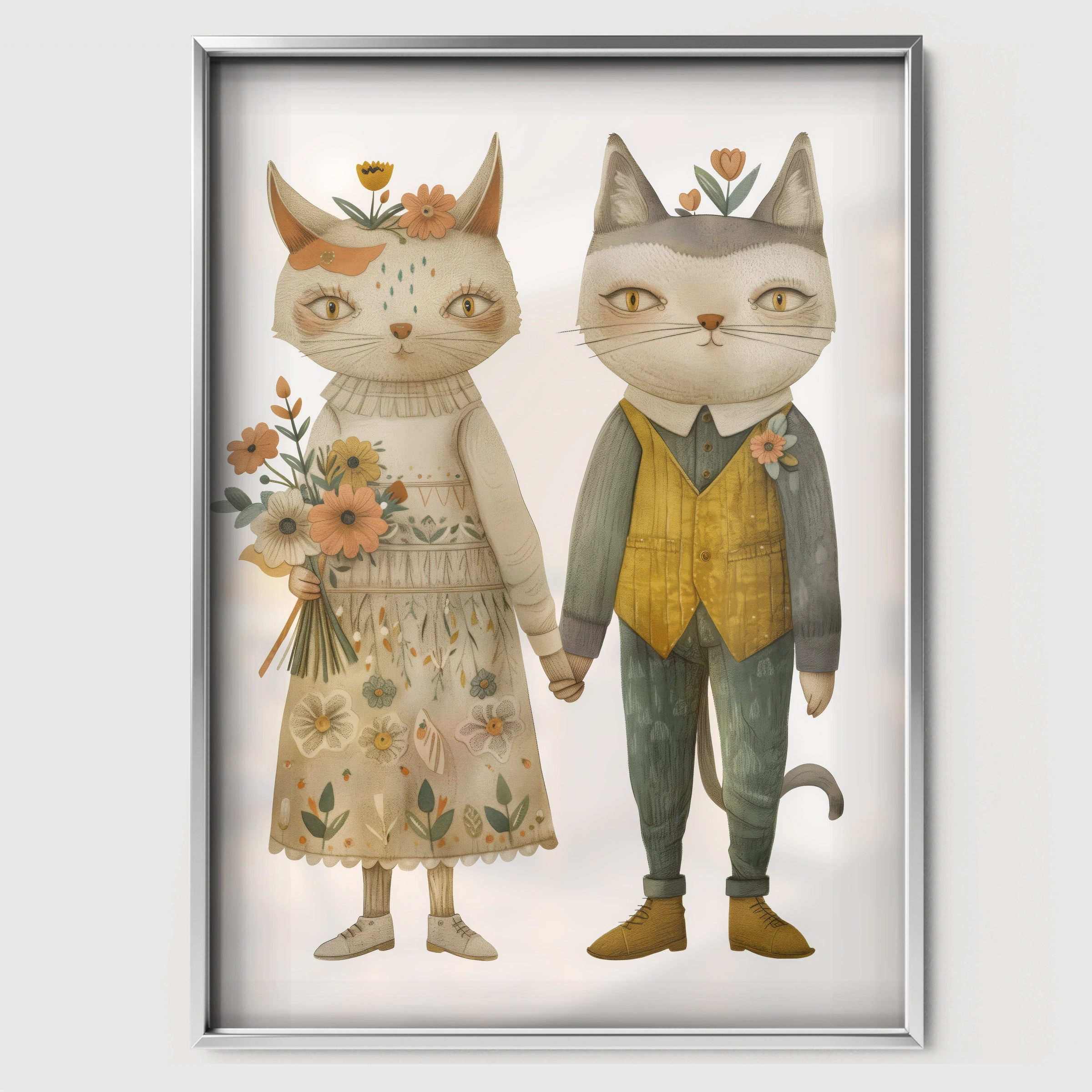 Two Dressed Cats Nursery Print - white framed nursery wall art print
